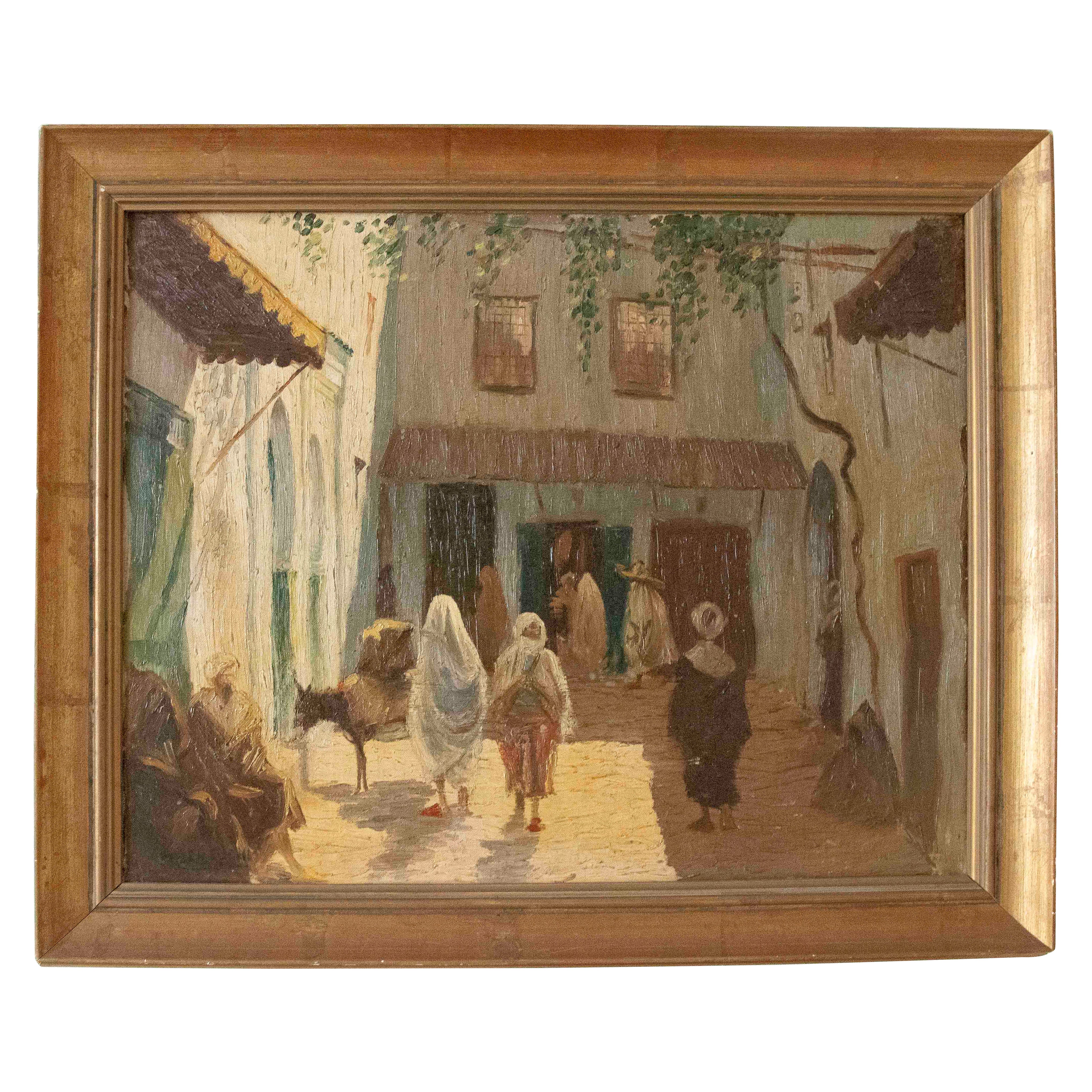 1950s Painting of a Street Scene with Figures & a Traditional Maghrebi Courtyard For Sale