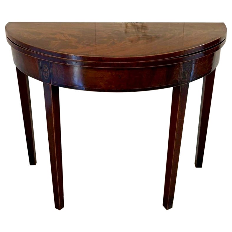 Antique George III Quality Mahogany Inlaid Demi Lune Shaped Card/Console Table For Sale