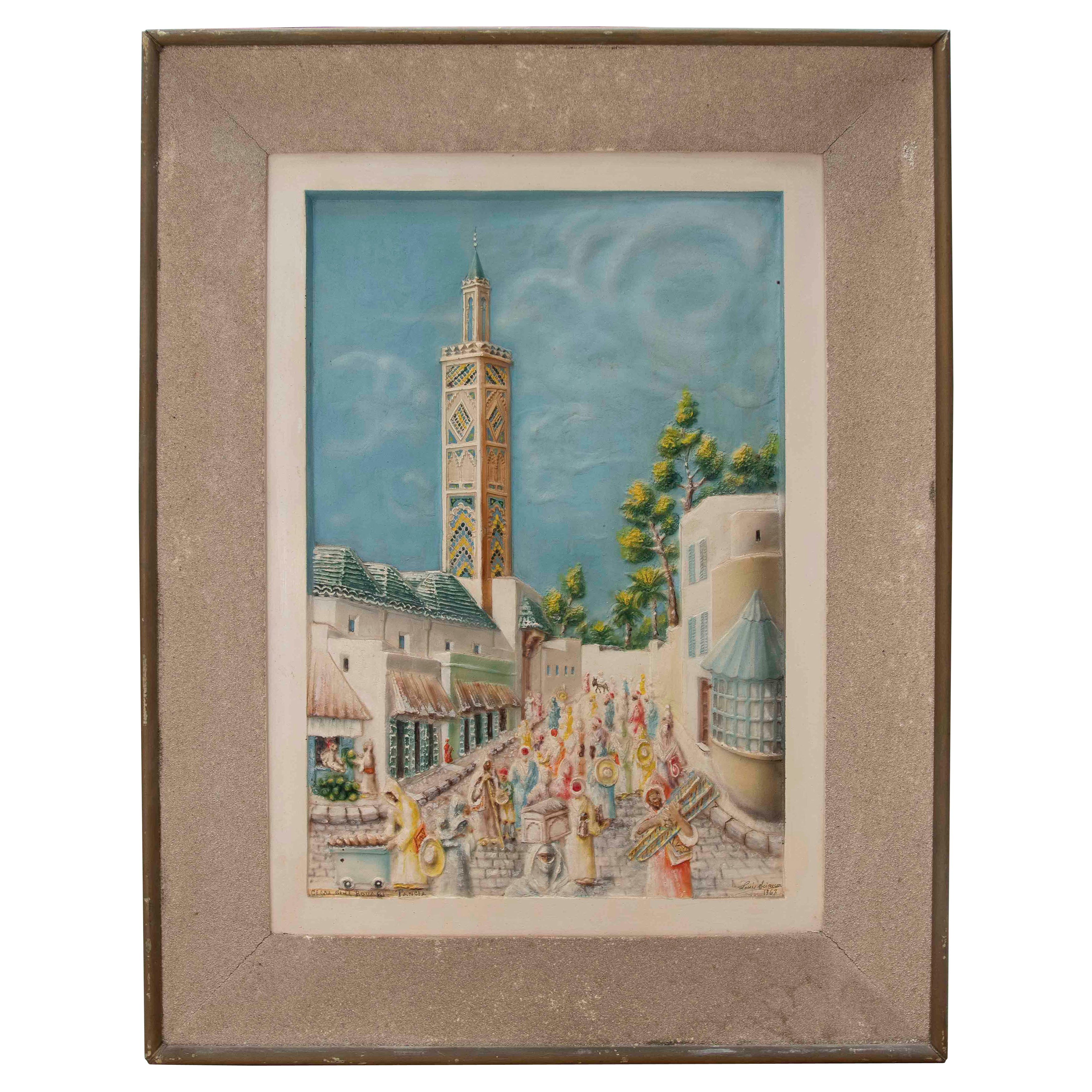 Estuco pintado de una vista urbana con un minarete y un mercado en un entorno oriental en venta