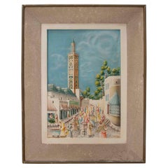 Estuco pintado de una vista urbana con un minarete y un mercado en un entorno oriental