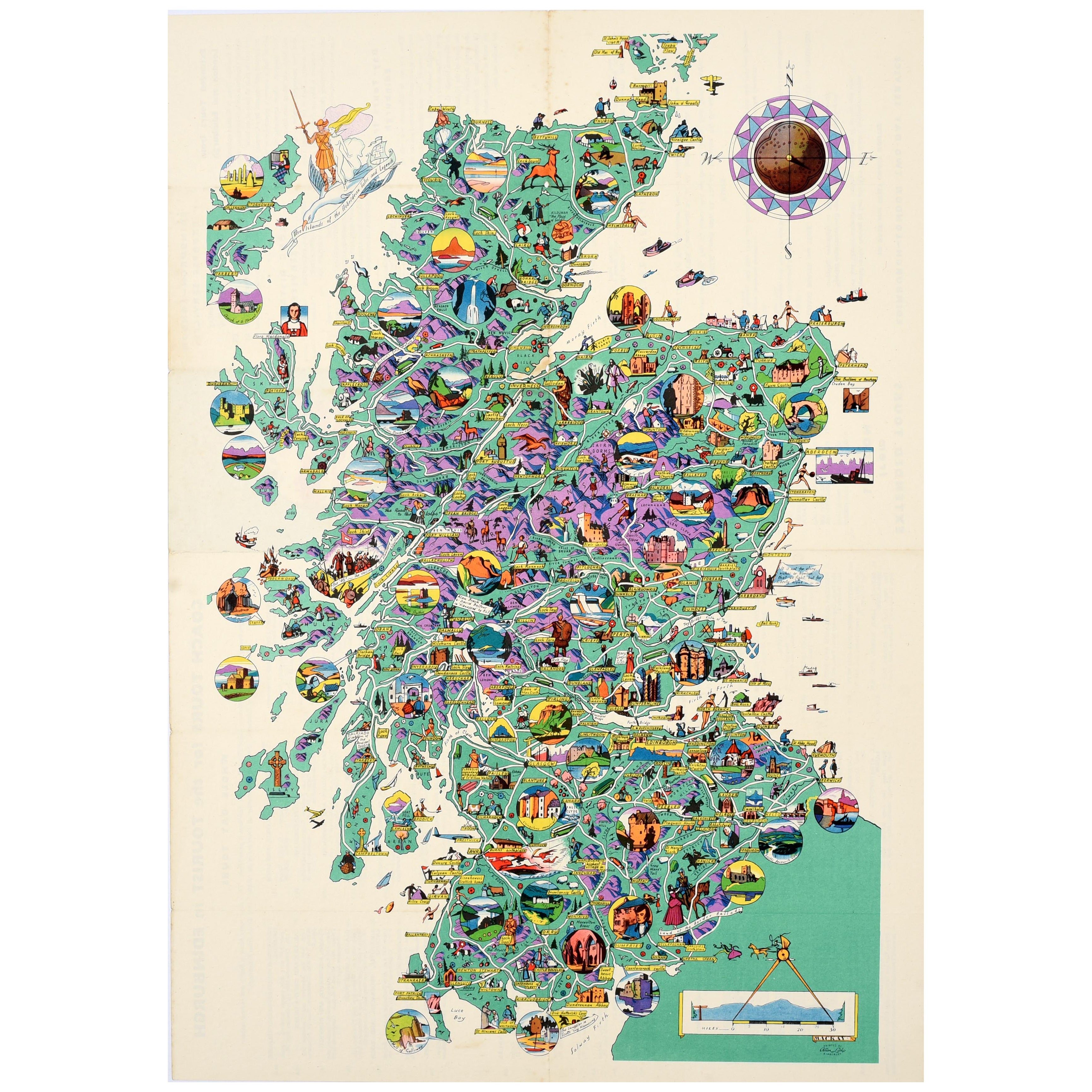 Original Vintage Pictorial Illustrated Map Poster Scotland Mackay Midcentury