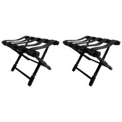 Pair of French Midcentury Ebonized Leather Strap Benches Style Jean-Michel Frank