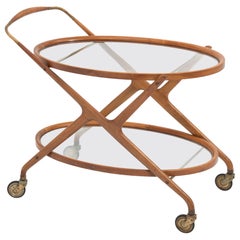 Cesare Lacca Italian Mid-Century Oval Teak and Brass Serving Trolley Bar Cart