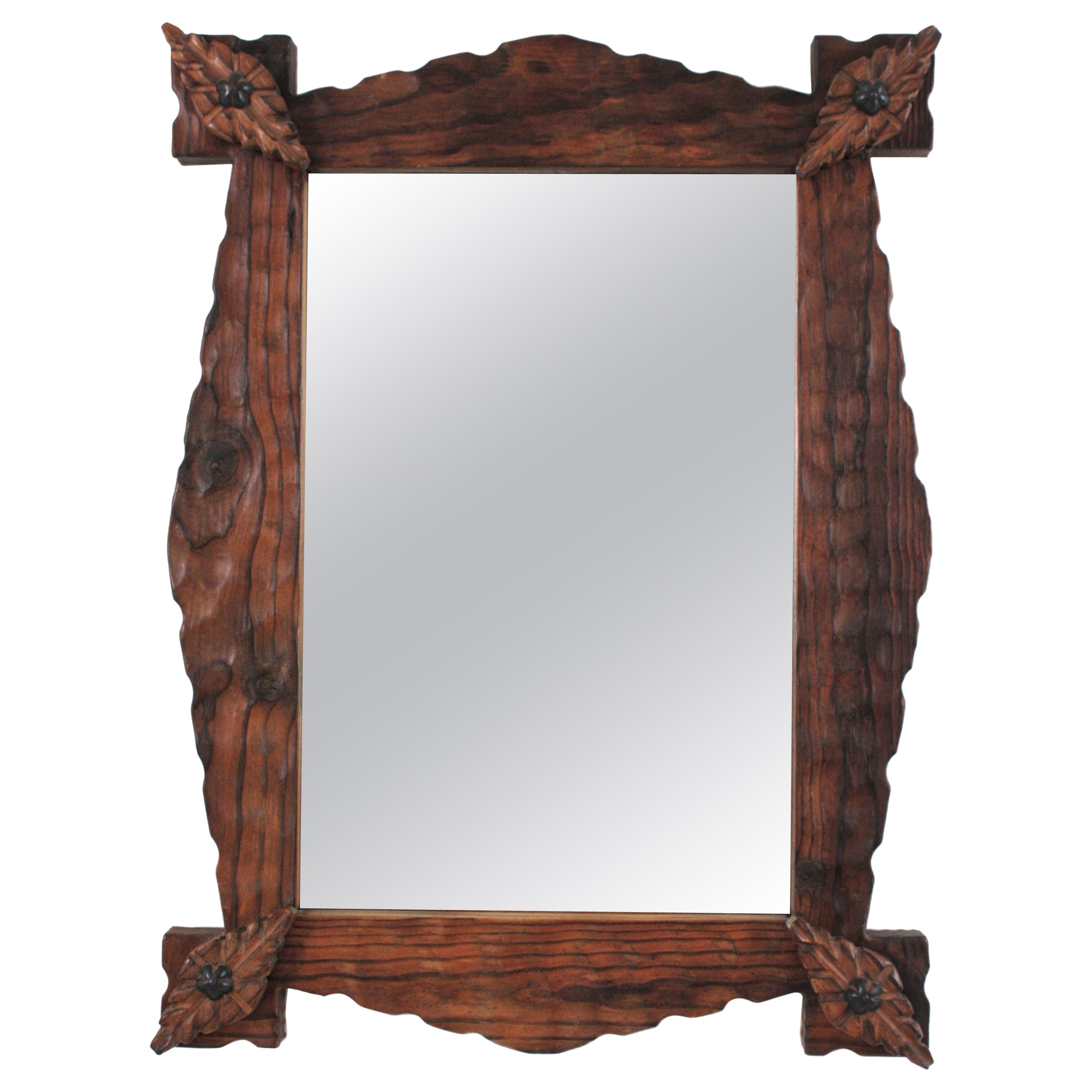 Spanish Colonial Rectangular Mirror in Carved Wood with Rhombus Corner Details For Sale