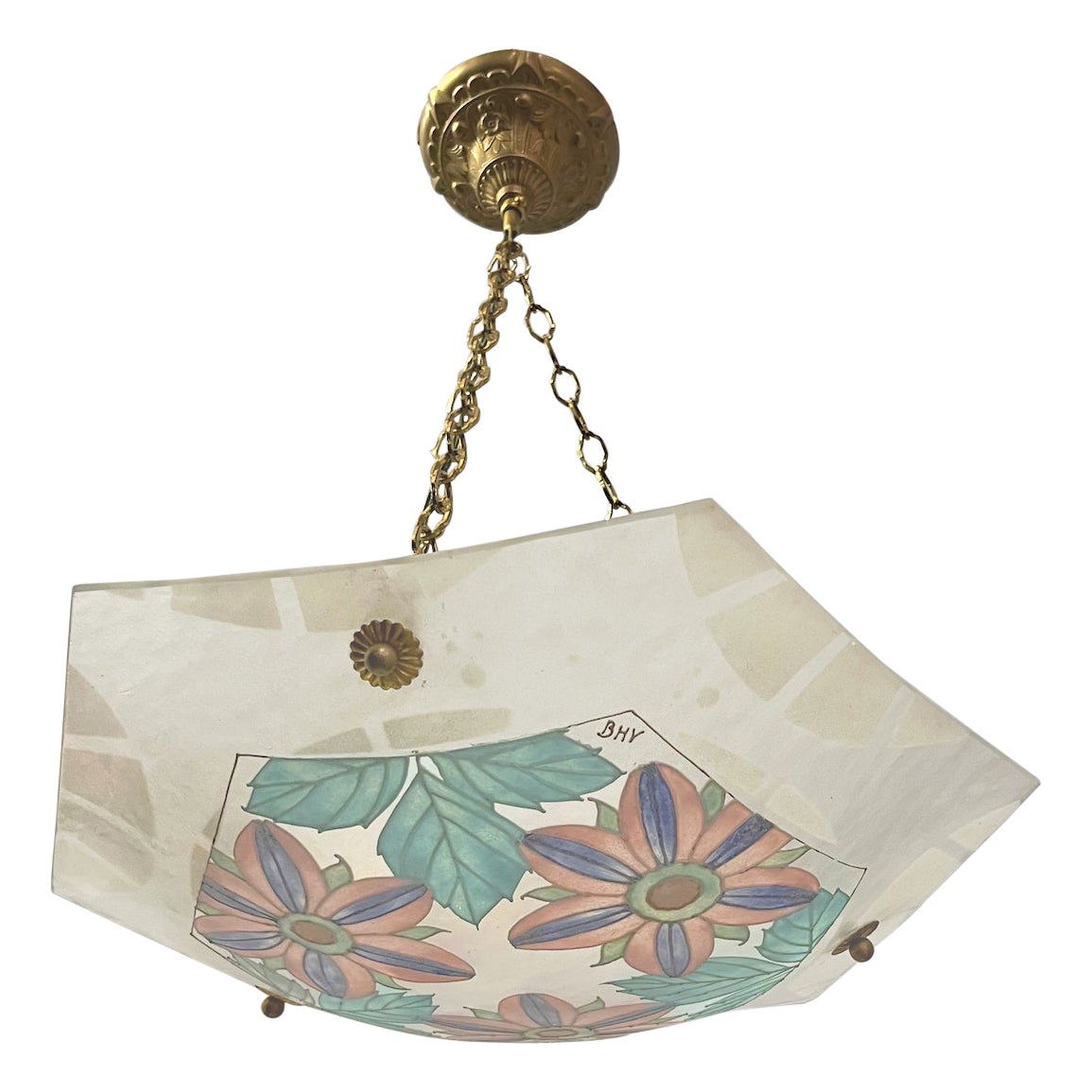 1930 French White Turquoise PinK Enamel Art Glass Brass Chain Pendant Chandelier For Sale