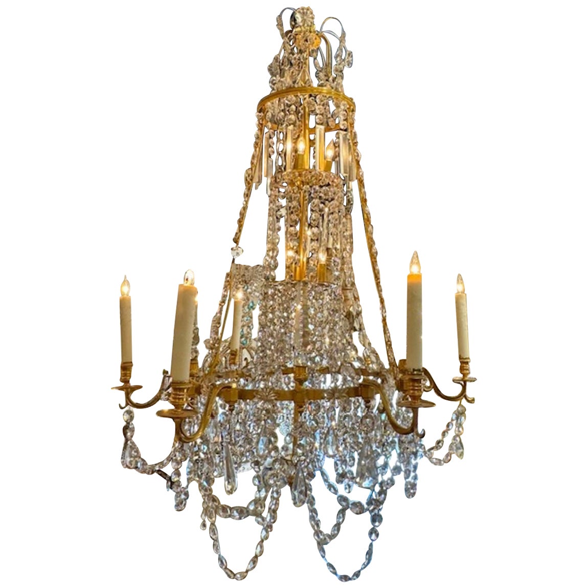 19th Century Swedish Gilt Bronze and Crystal Chandelier For Sale