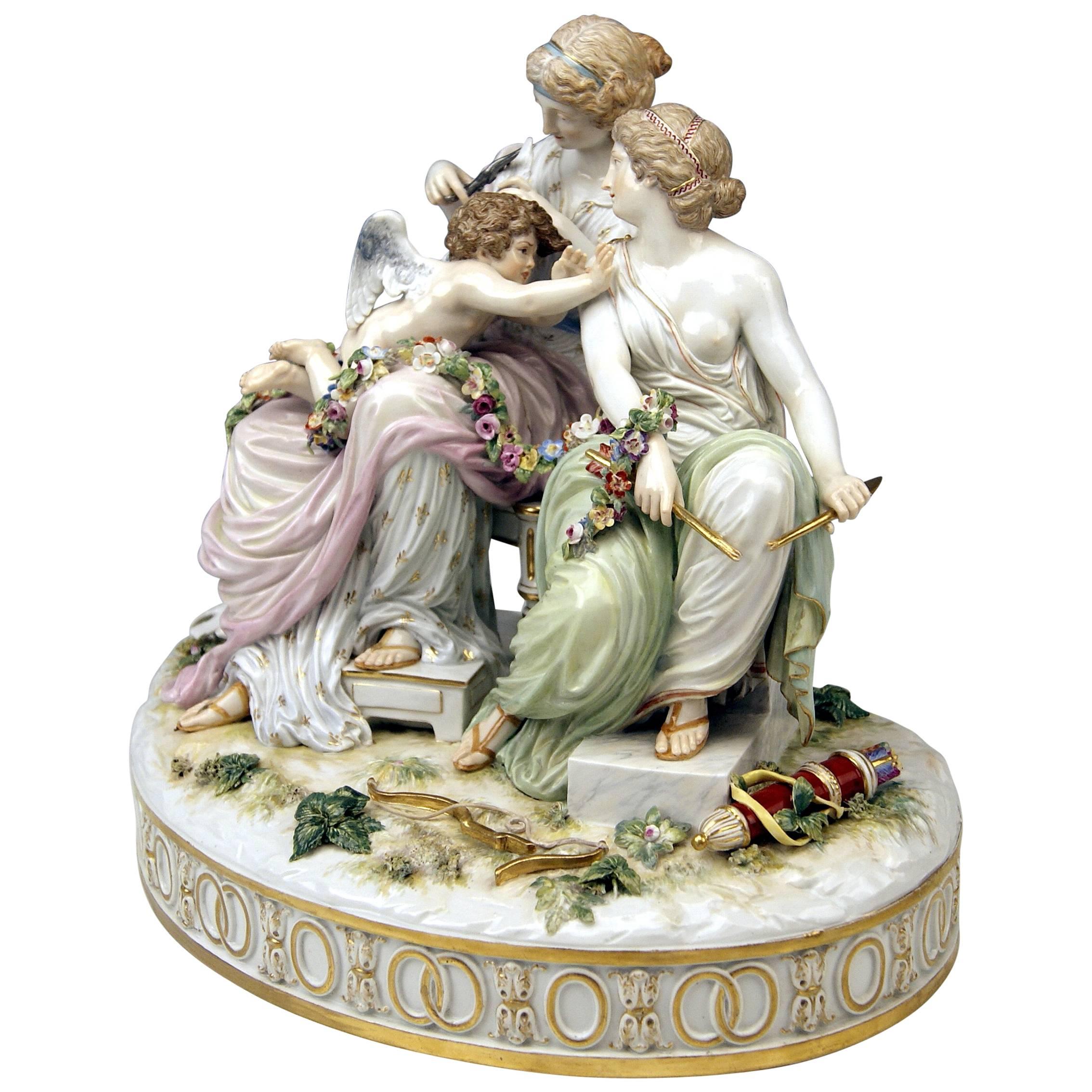 Meissen Tall Figurines Cupid in Dire Straits by C. G. Juechtzer, circa 1870