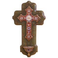 19th Century French Green Onyx and Cloisonné Enamel Holy Water Font Cross
