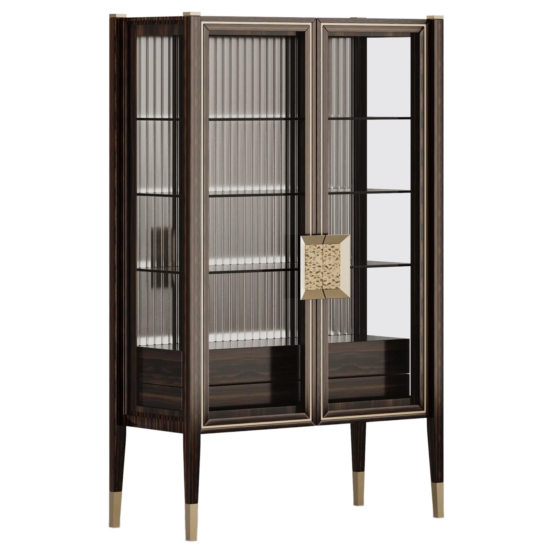 Contemporary Aurum Dark Cabinet In Louro Preto Wood And Glass Doors For Sale