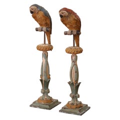Pair of Mid 19th Century Italian Carved and Painted Parrot Candlestick Stands