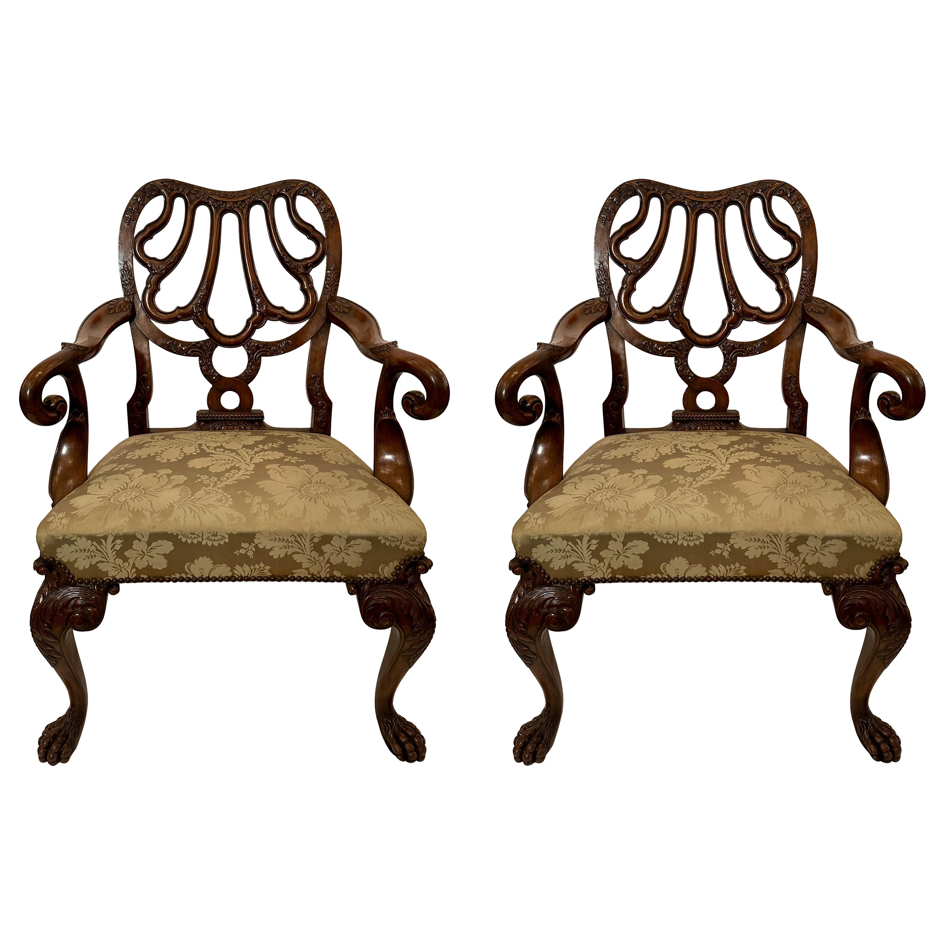 Pair Antique English Early Victorian Carved Walnut Armchairs, Circa 1840-1850. For Sale