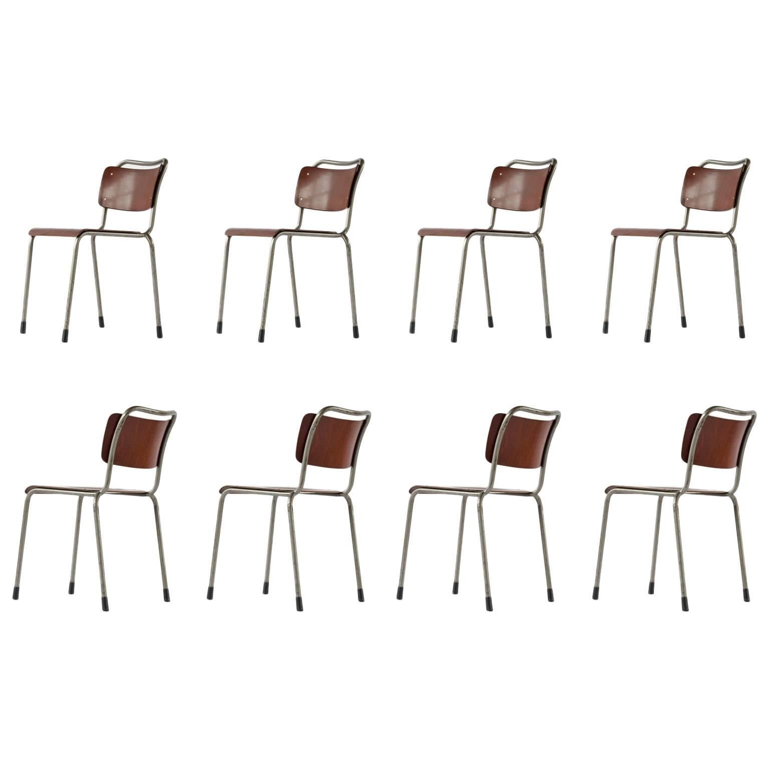 Set of Eight Dutch Industrial W. H. Gispen School Chairs, 1952 Design