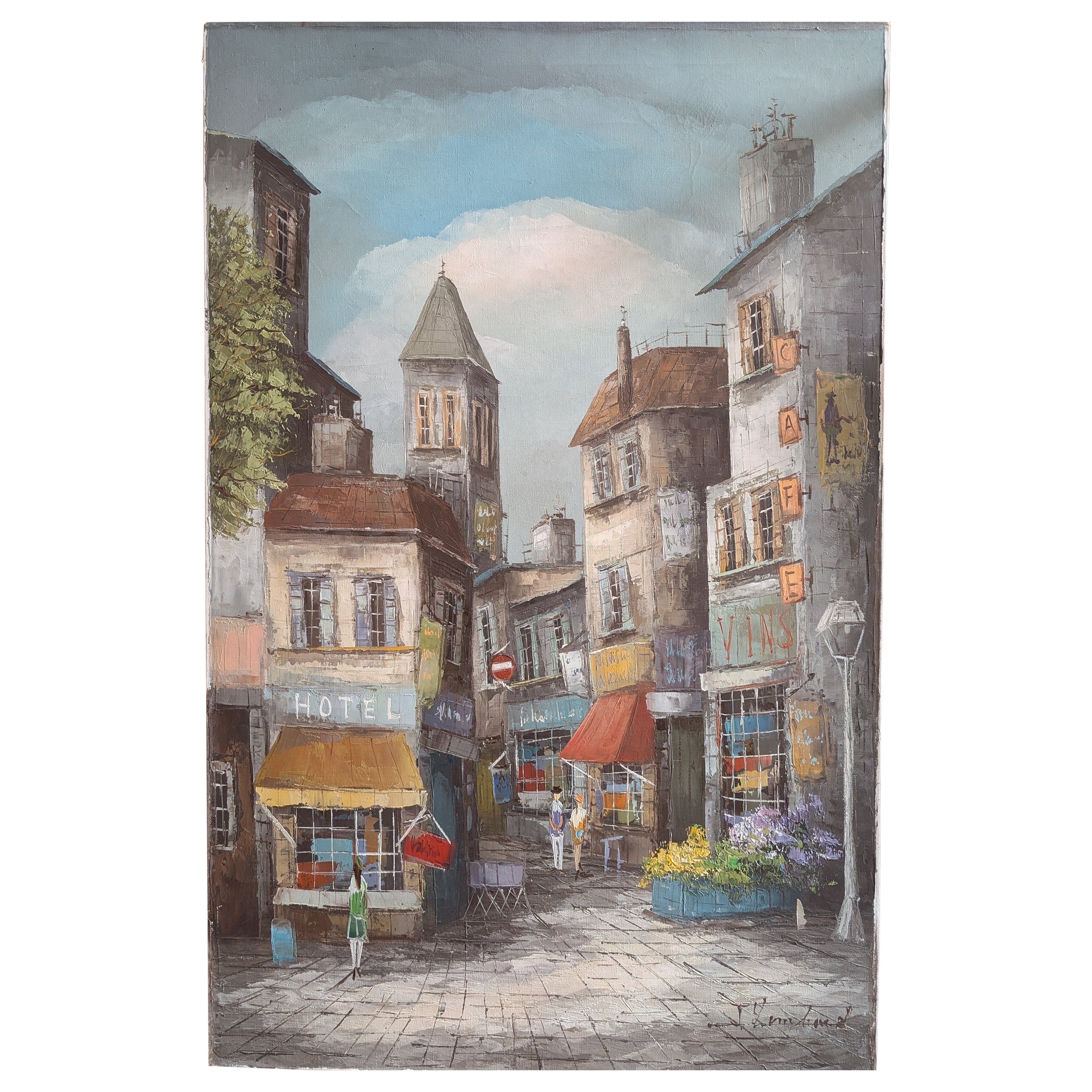 Signed J Lombard Original Oil Painting Paris France Hotel Street Scene 36" x 24" For Sale
