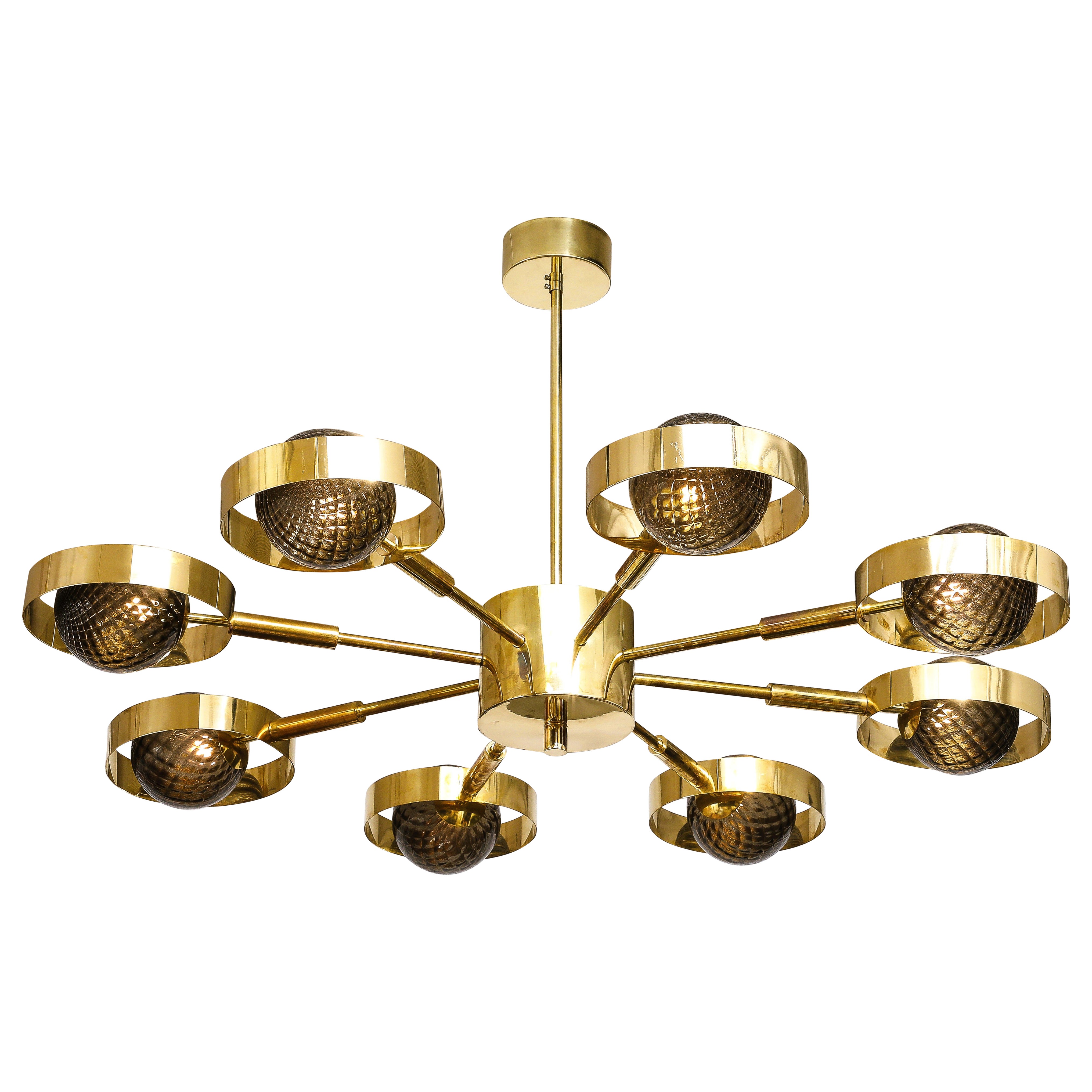 Large Round Brass Chandelier with Bronze Smoked Murano Glass Globes, Italy, 2025 For Sale