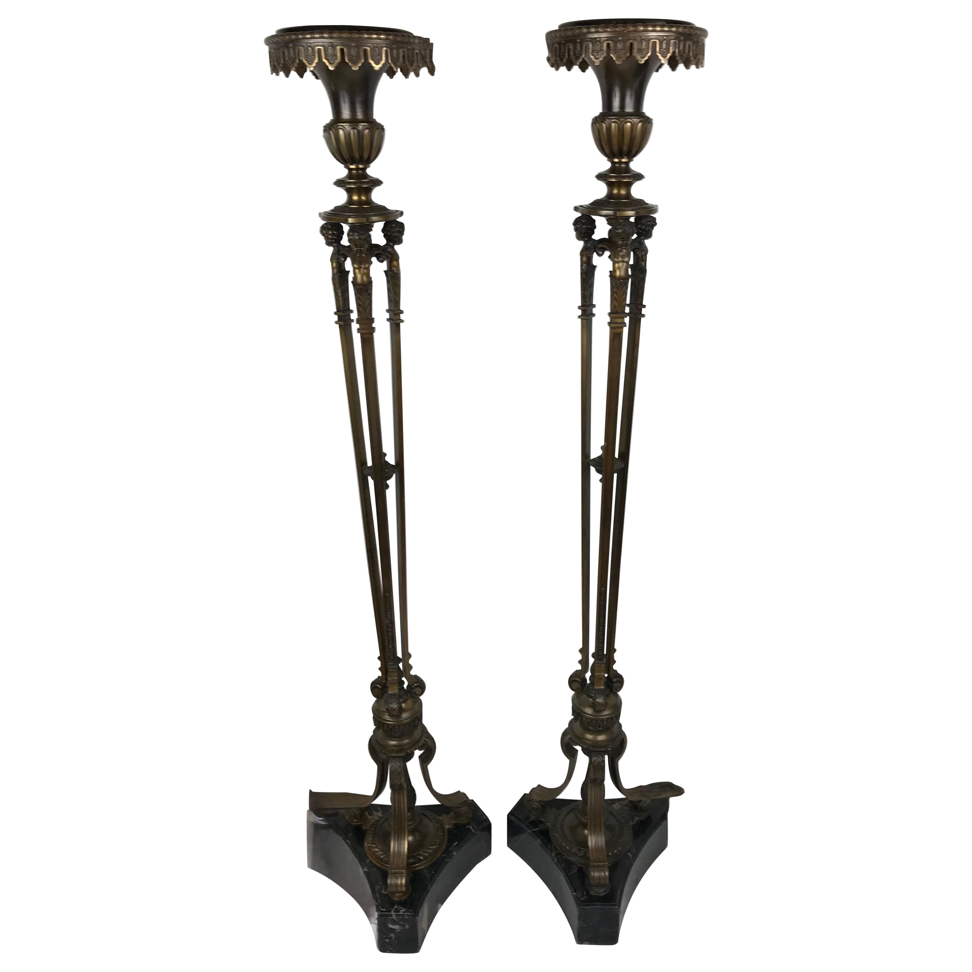 Pair Signed Sterling Bronze Company Bronze and Marble Torchere Stands For Sale