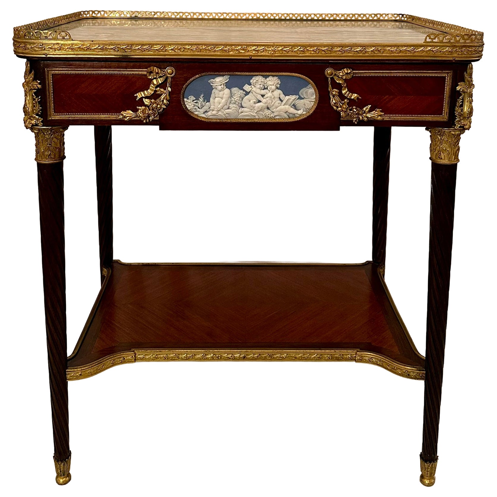 Antique French Mahogany & Bronze D'Oré Marble Top Galleried Table, Circa 1880.