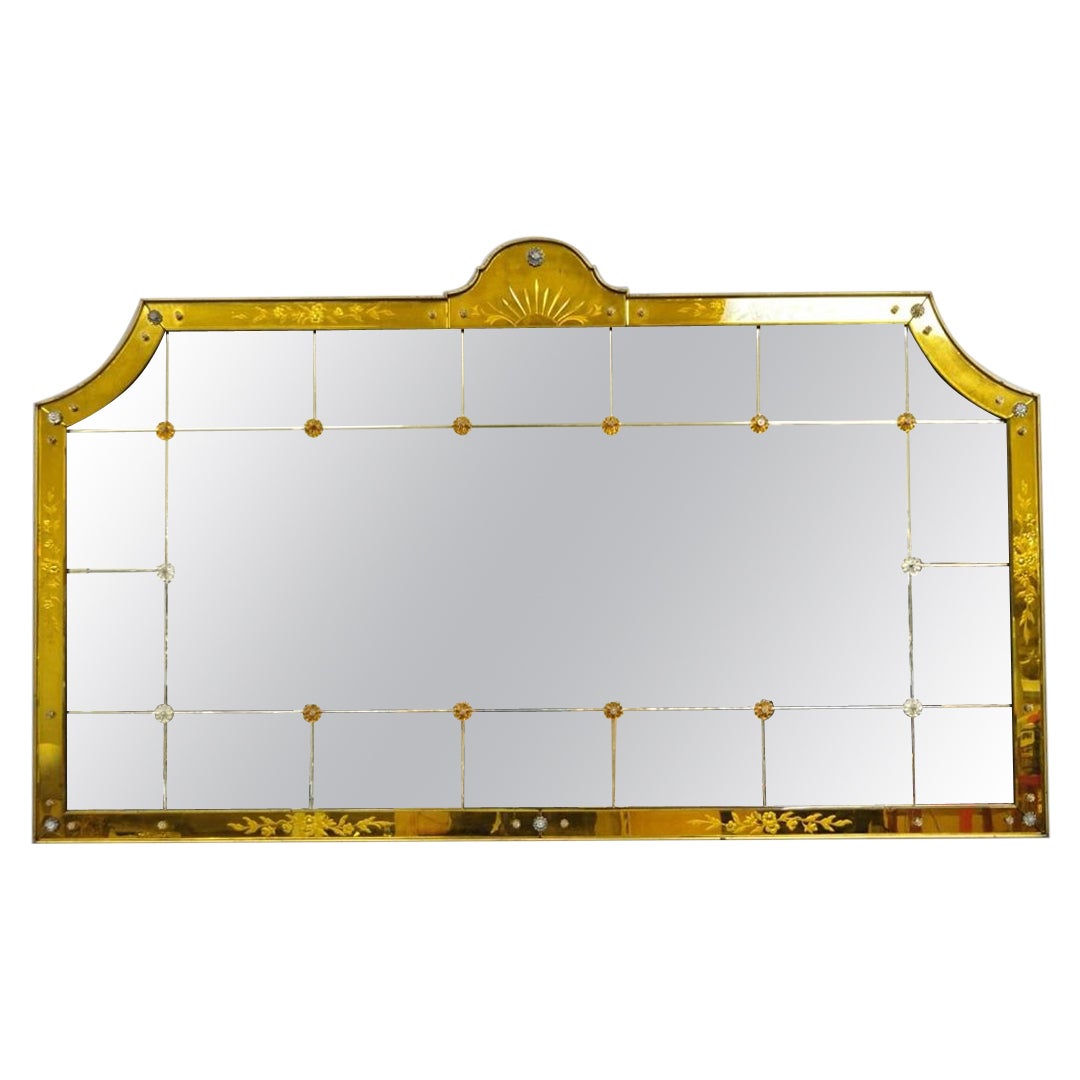 Antique French Art Deco Venetian Amber Glass Large Etched Wall Mirror For Sale