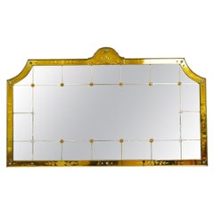 Antique French Art Deco Venetian Amber Glass Large Etched Wall Mirror