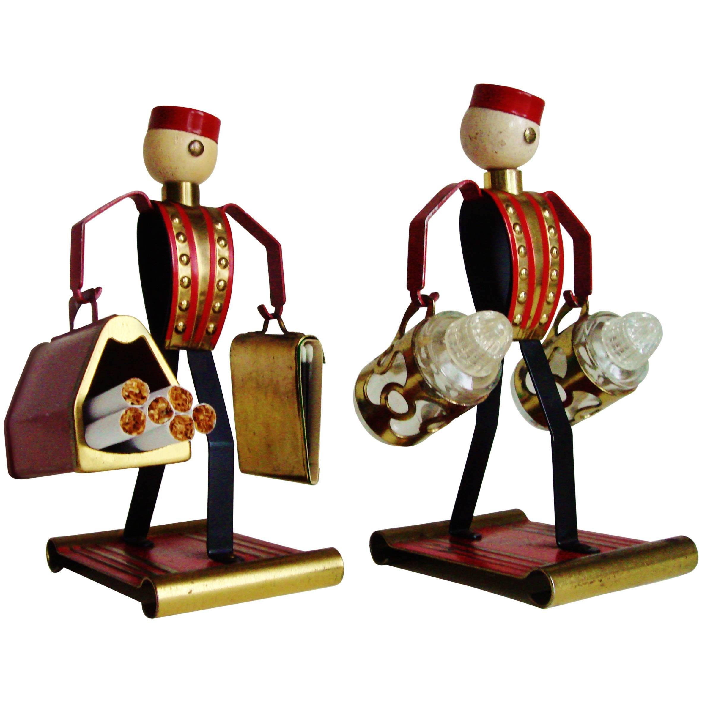 American Art Deco Promotional Brass & Enamel "Bellhop" Cigarette Caddy and Cruet