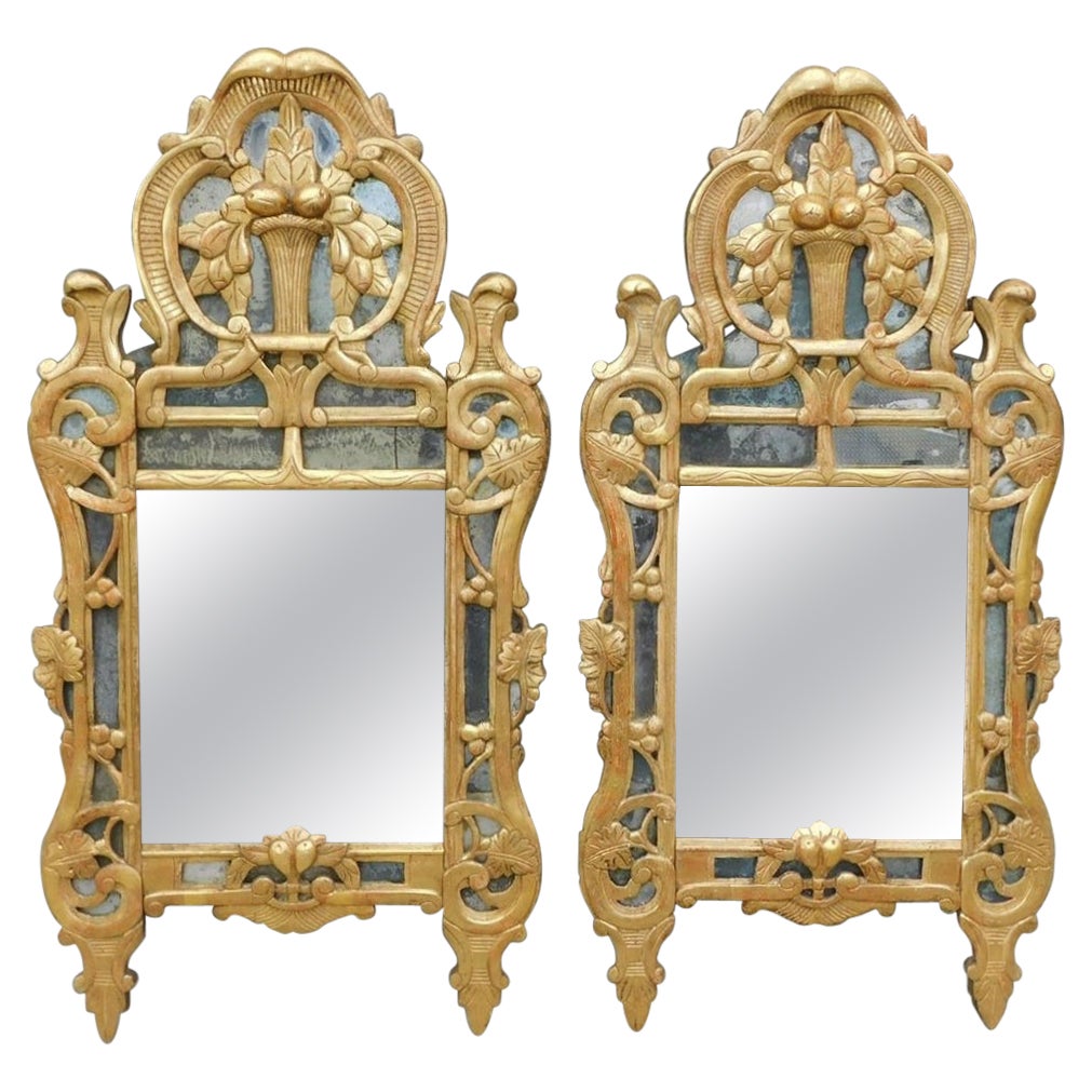 Pair of Italian Neoclassical Gilt Wood Foliage Fruit Basket Wall Mirrors, C 1780 For Sale