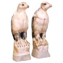 Pair of 19th Century French Carved Marble Eagle Sculptures with Glass Eyes