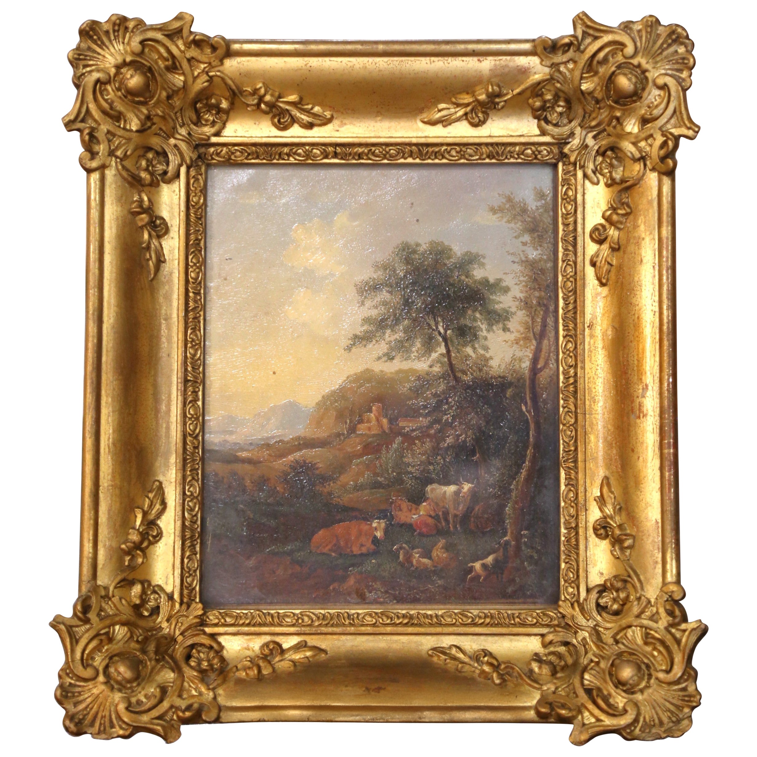 19th C. French Pastoral Landscape Painting on Board with Glass in Gilt Frame For Sale