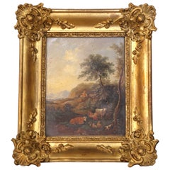 19th C. French Pastoral Landscape Painting on Board with Glass in Gilt Frame