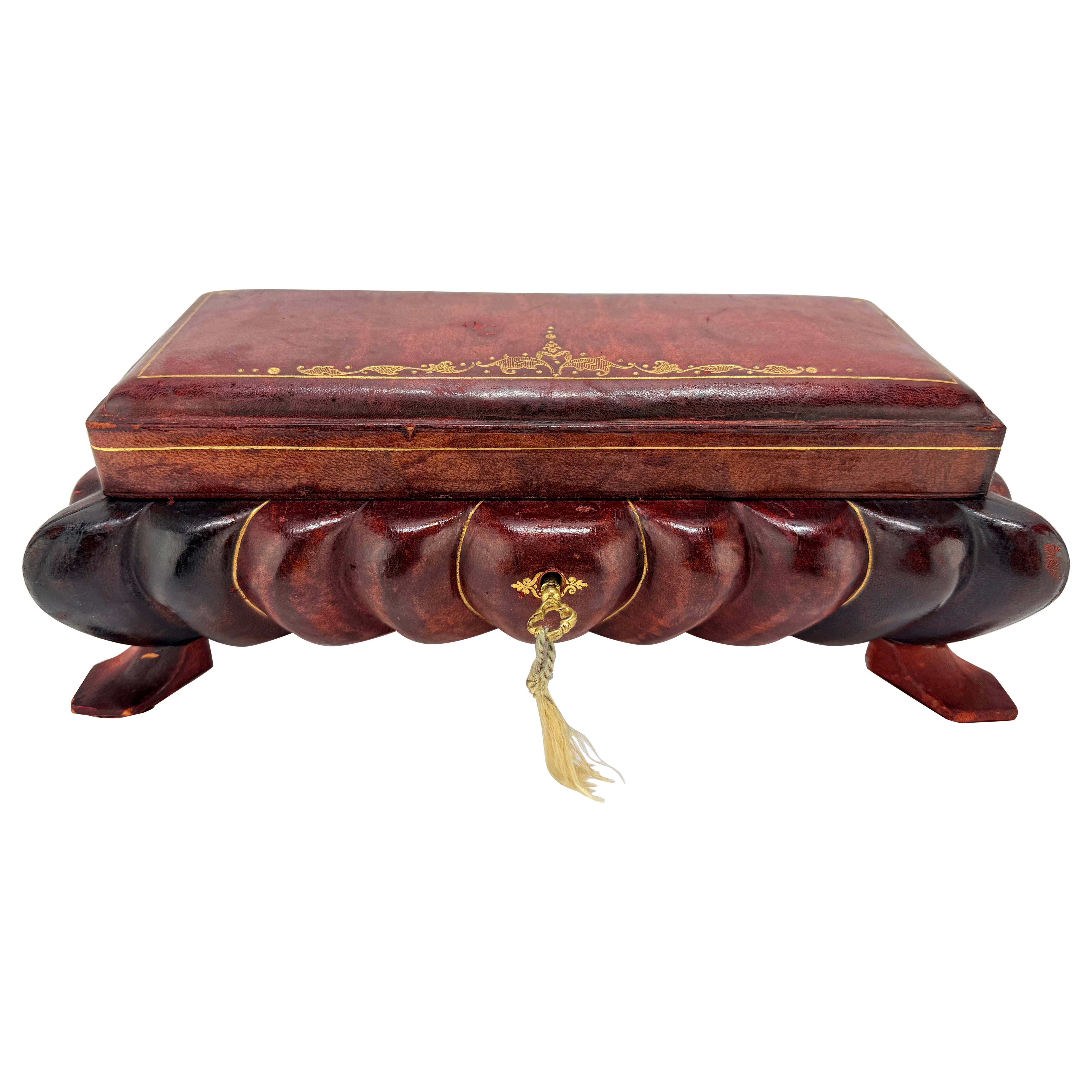 Italian Leather-Clad and Gilt-Tooled Tabletop Jewelry or Trinket Box, Mid-20th C For Sale