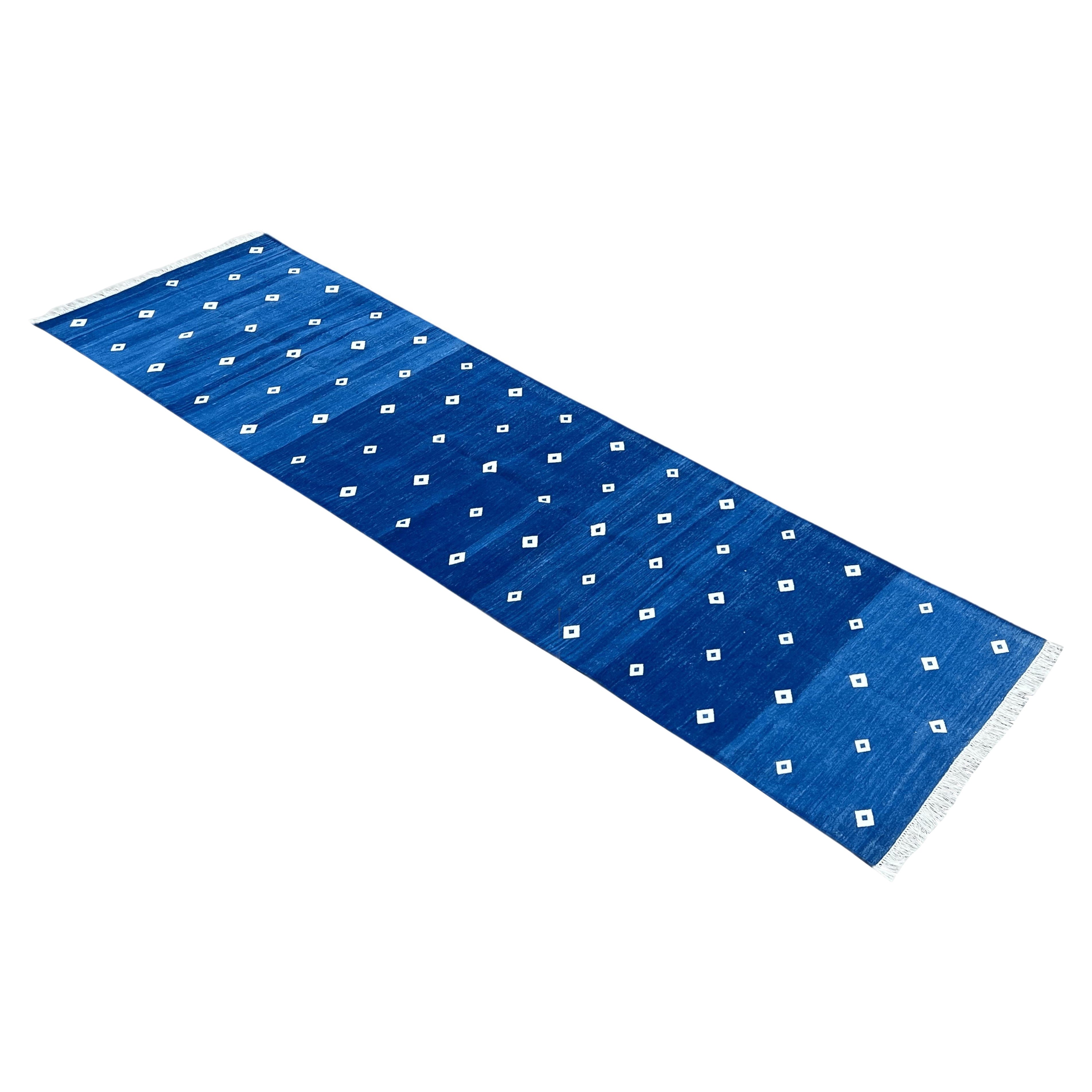 Handmade Cotton Area Flat Weave Runner, 2x14 Blue, White Diamond Indian Dhurrie For Sale