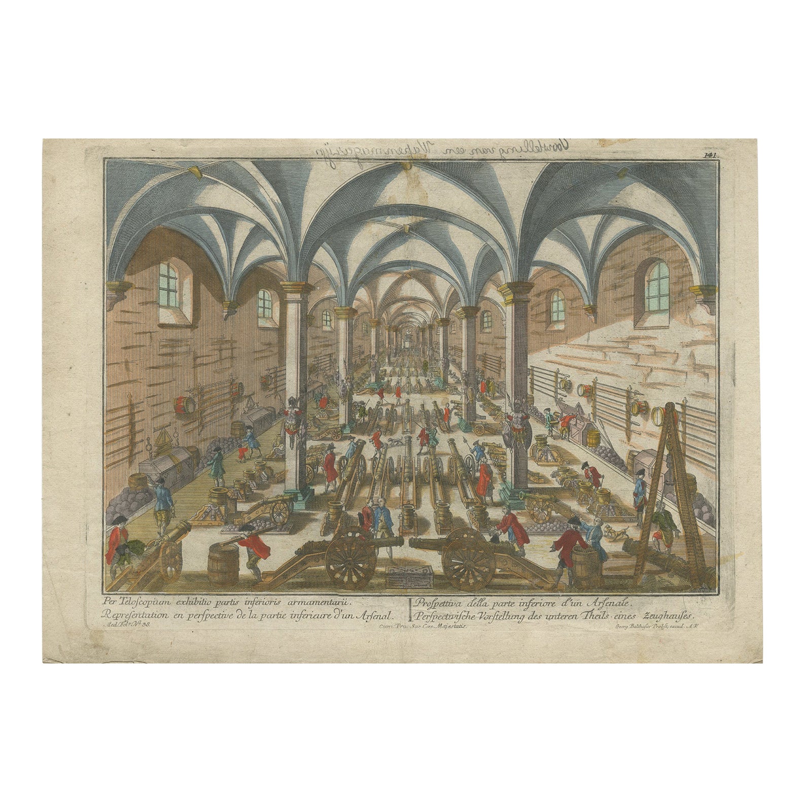 Perspective View of a Cannon Foundry – 18th-Century Hand-Colored Optical Print For Sale