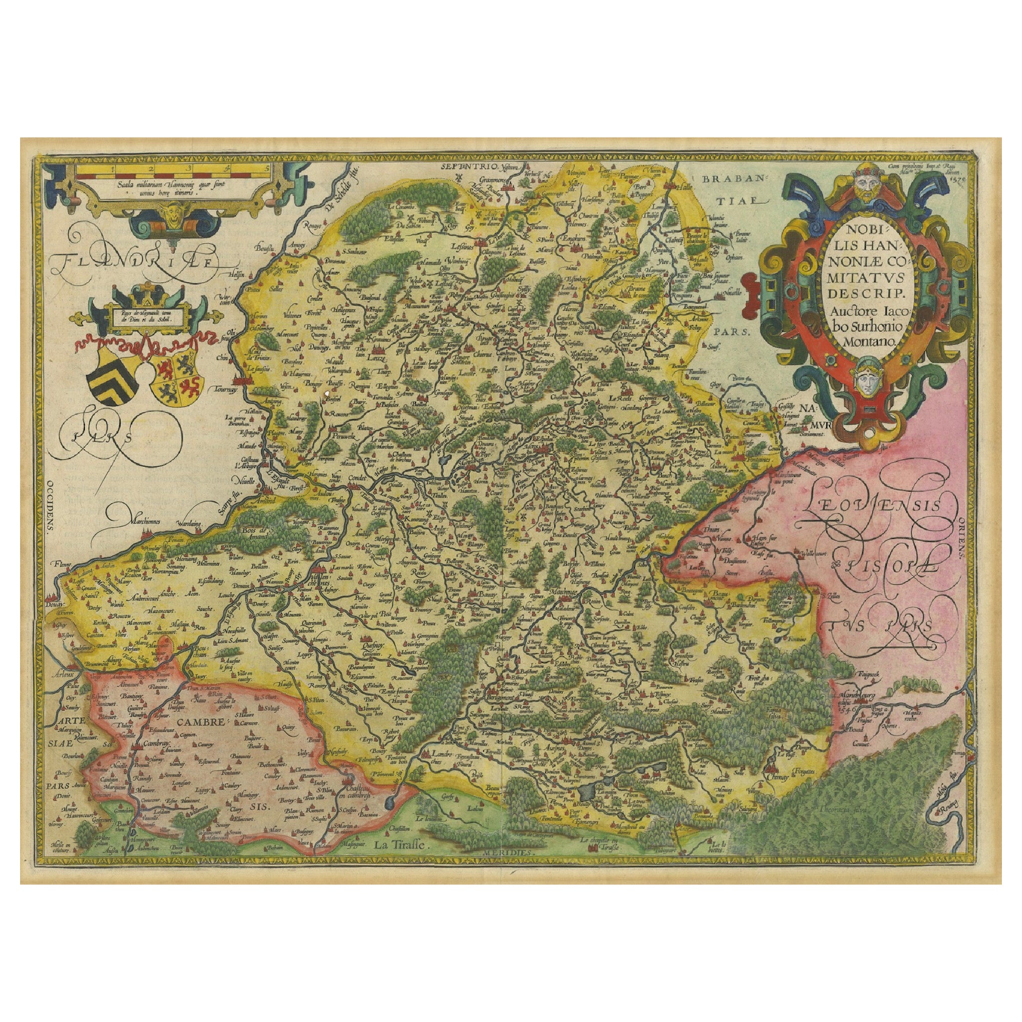 Mappa dell'Hainaut di Ortelius del 1590 - Rara mappa di confine franco-belga colorata a mano in vendita