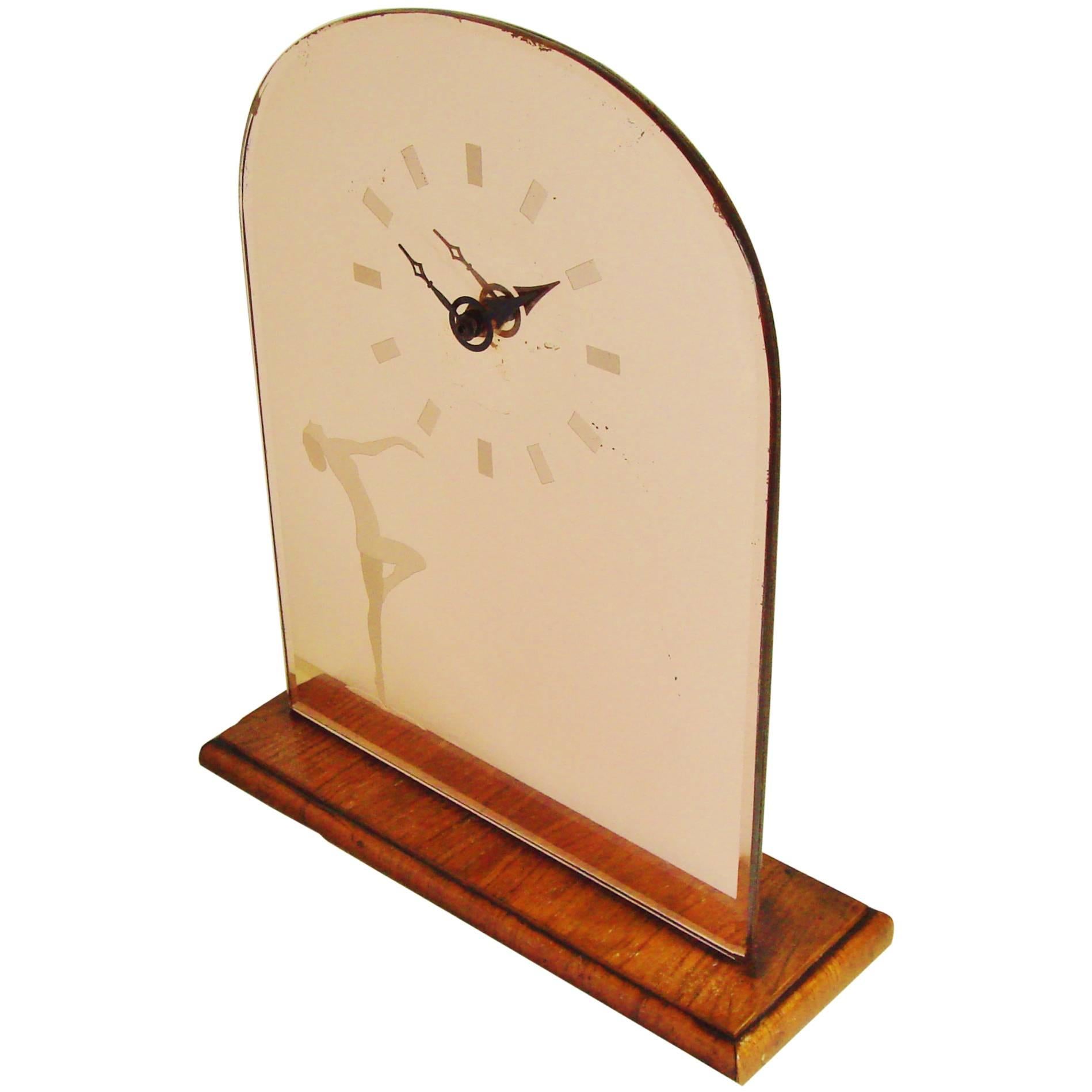 English Art Deco Wood & Peach Mirror Mantel Clock with Etched Nude & Numerals For Sale