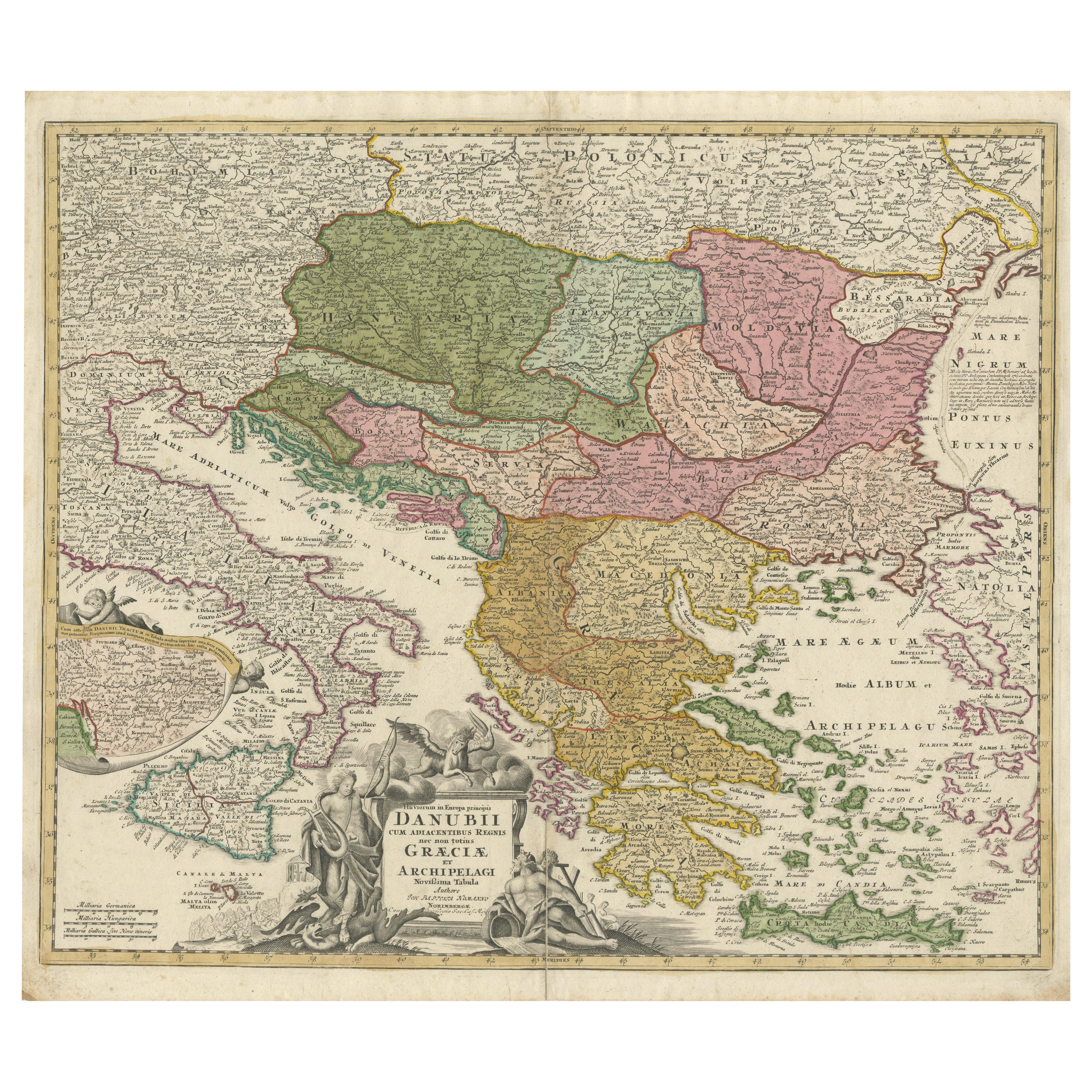 Greece and Ottoman Balkans Map – Homann Engraving ca. 1720 For Sale