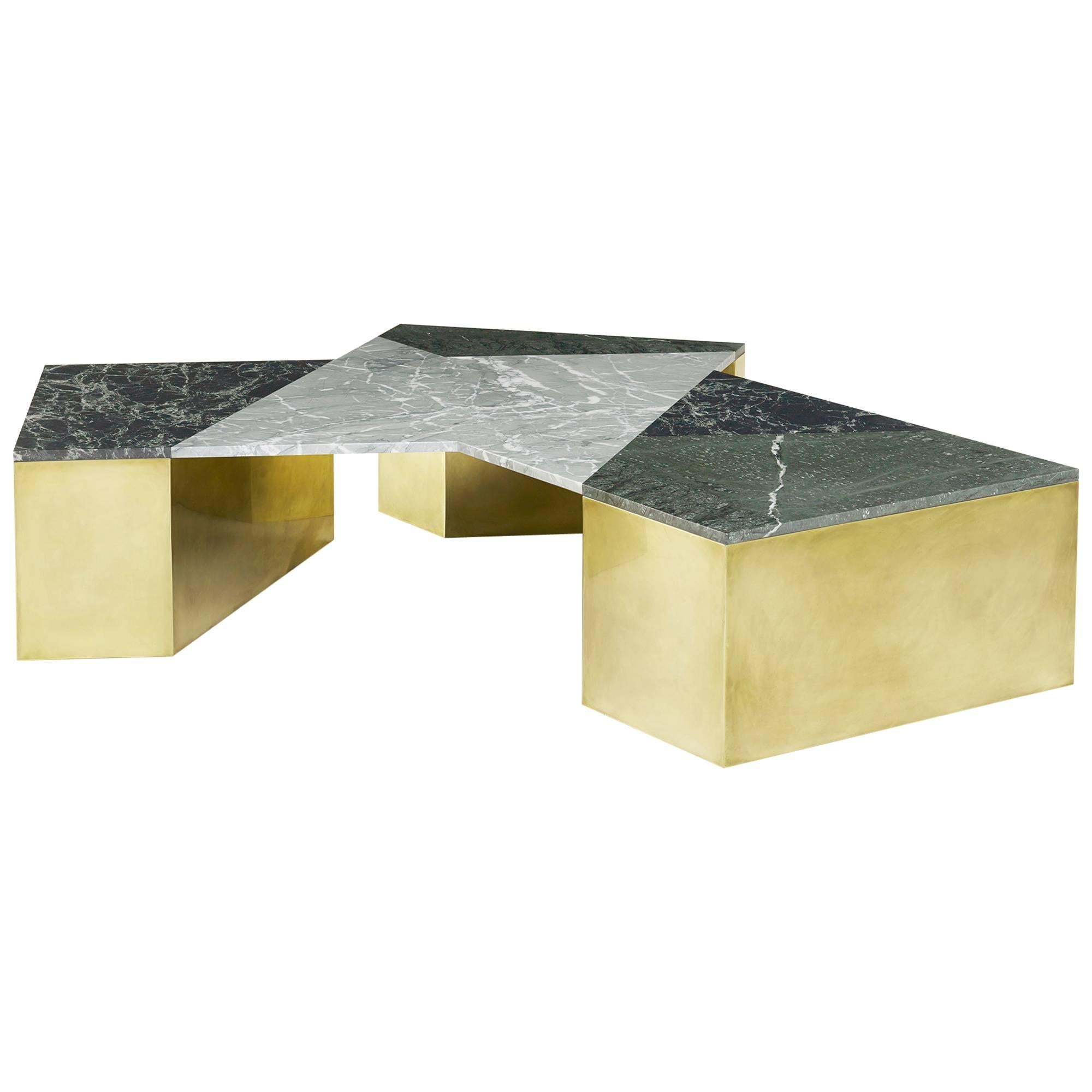 Brian Thoreen Green Mixed Marble and Brass Coffee Table For Sale