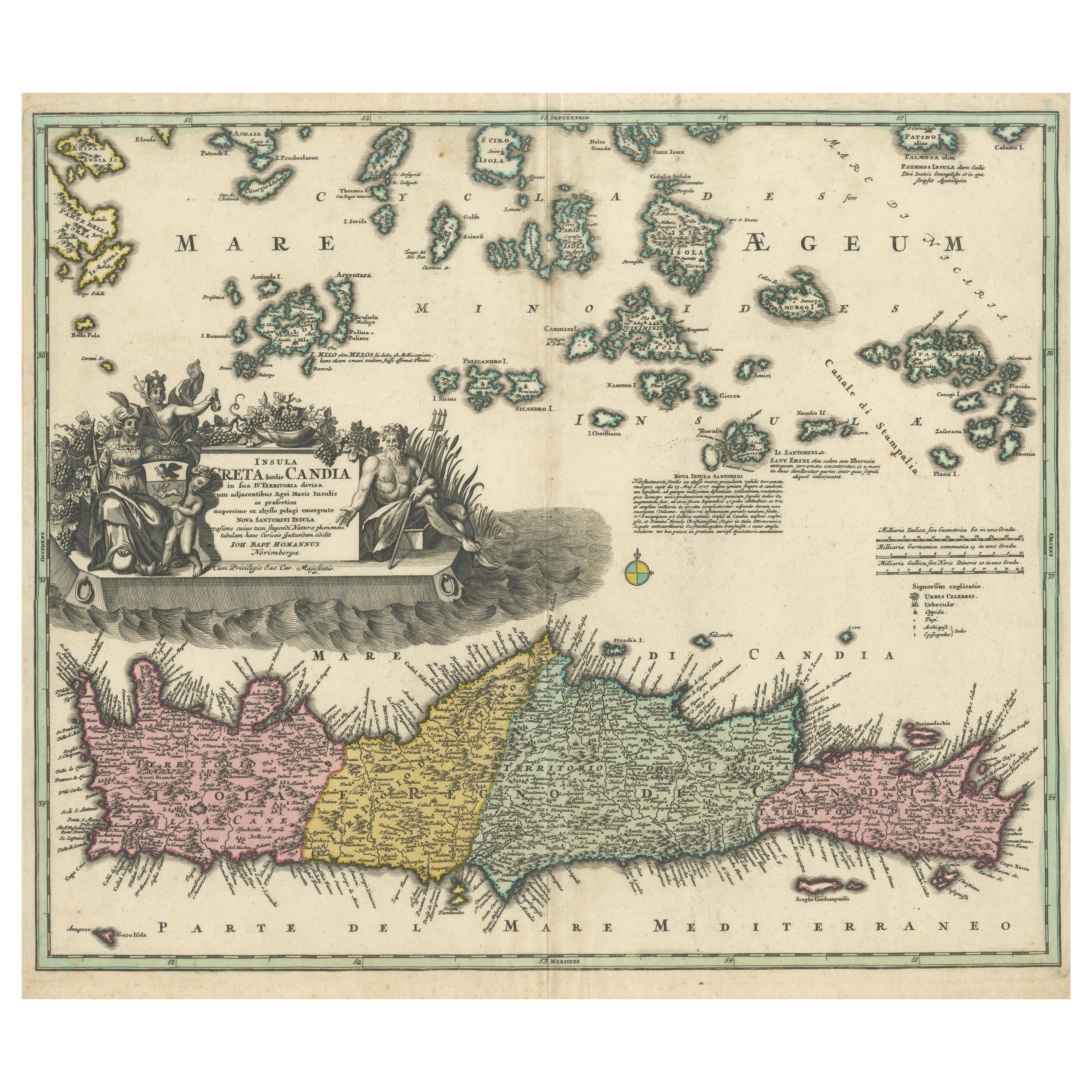 Crete Map 1749 – Homann Heirs Engraving of Candia with Aegean Islands For Sale