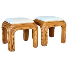 Pair of Late 20th Century Organic Modern Rattan Twist Ottomans or Footstools