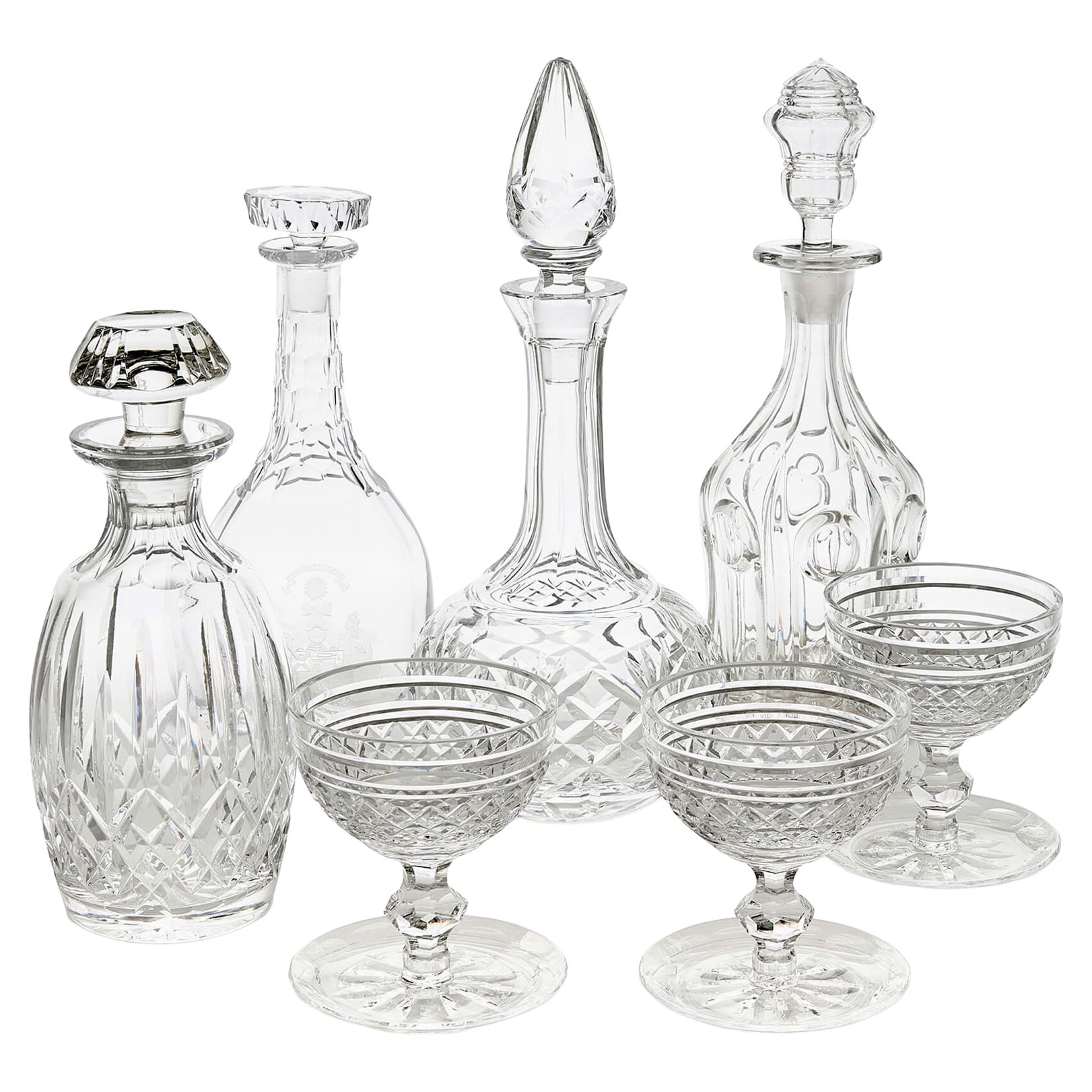 Collection Continental Cut Engraved Glass Decanters Dessert Glasses For Sale