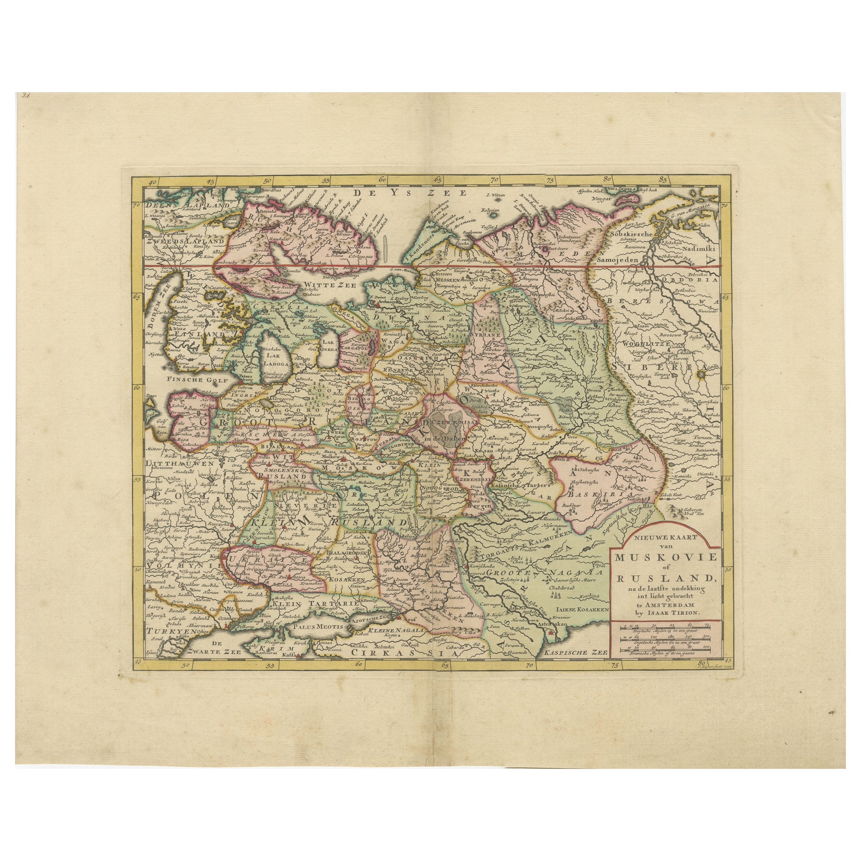 Original Antique Map of Muscovy or Russia by Isaak Tirion, Amsterdam circa 1740