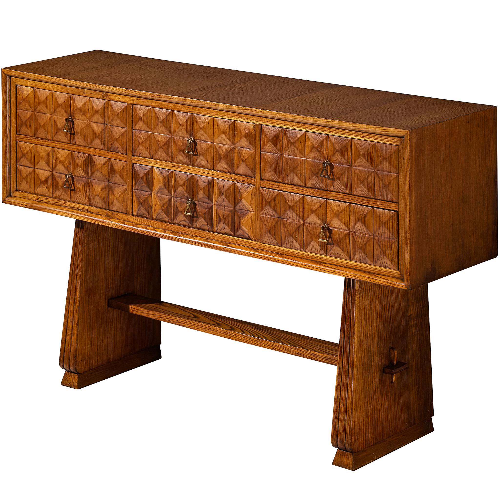 1940s Italian Sideboard in Chestnut with Diamond-Shaped Carvings