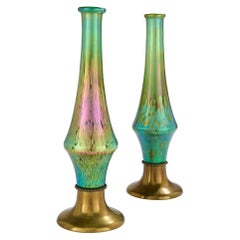 Pair Large Austrian Green Gold Art Nouveau Jugendstil Glass Gilt Metal Vases