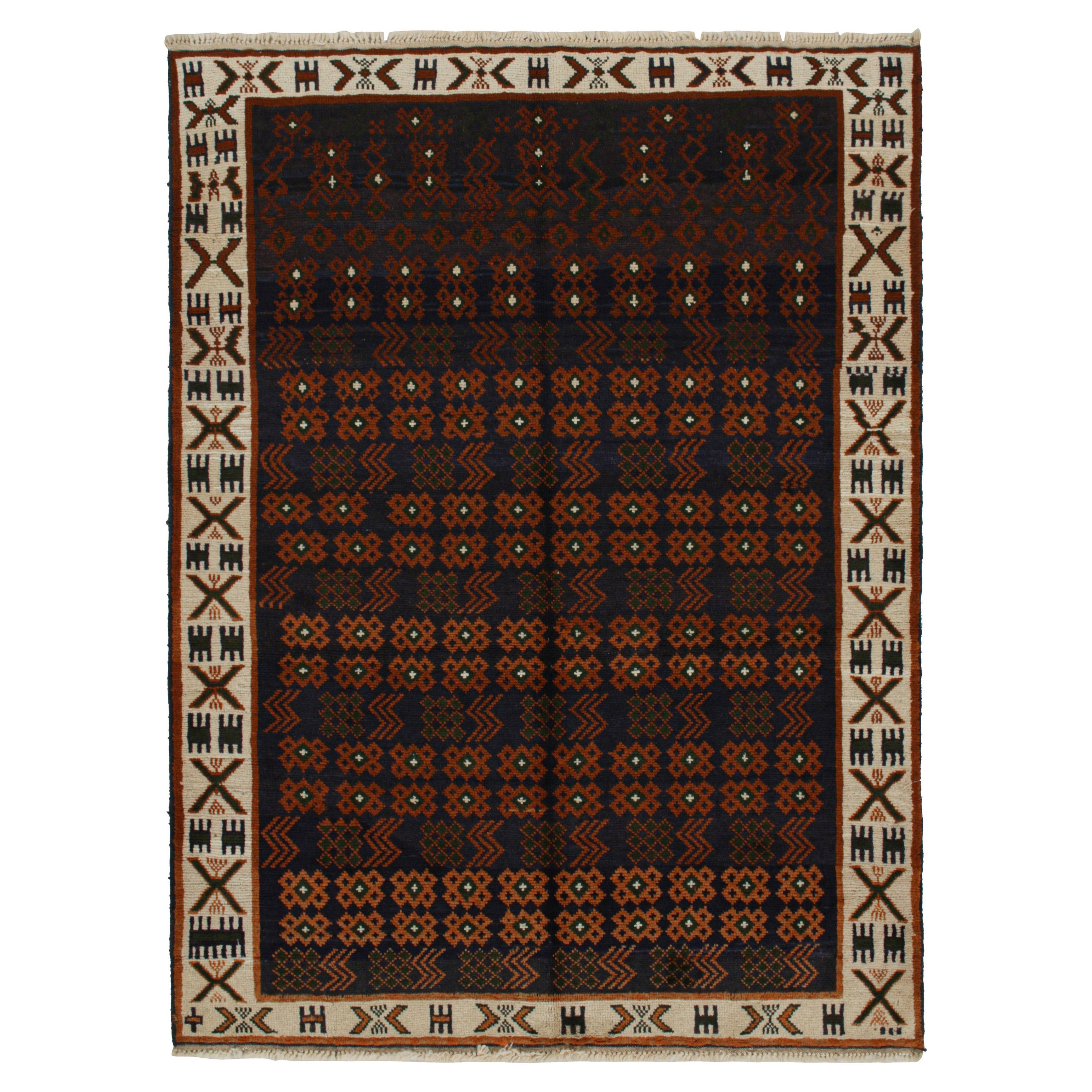 Tapis de style Oushak de Rug & Kilim en bleu avec motifs géométriques orange rouille en vente