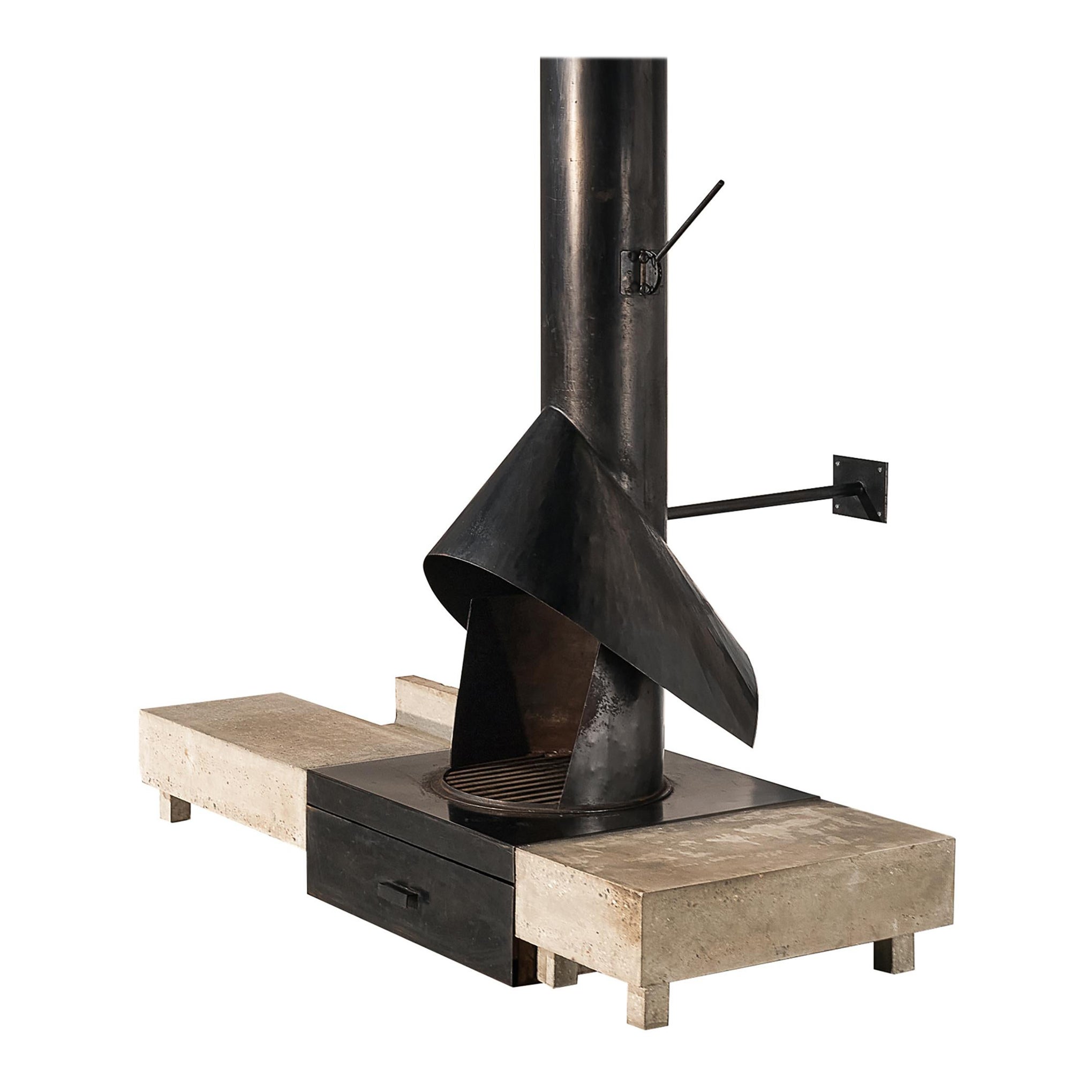 Sculptural Belgian Mid-Century Fireplace in Concrete and Iron For Sale