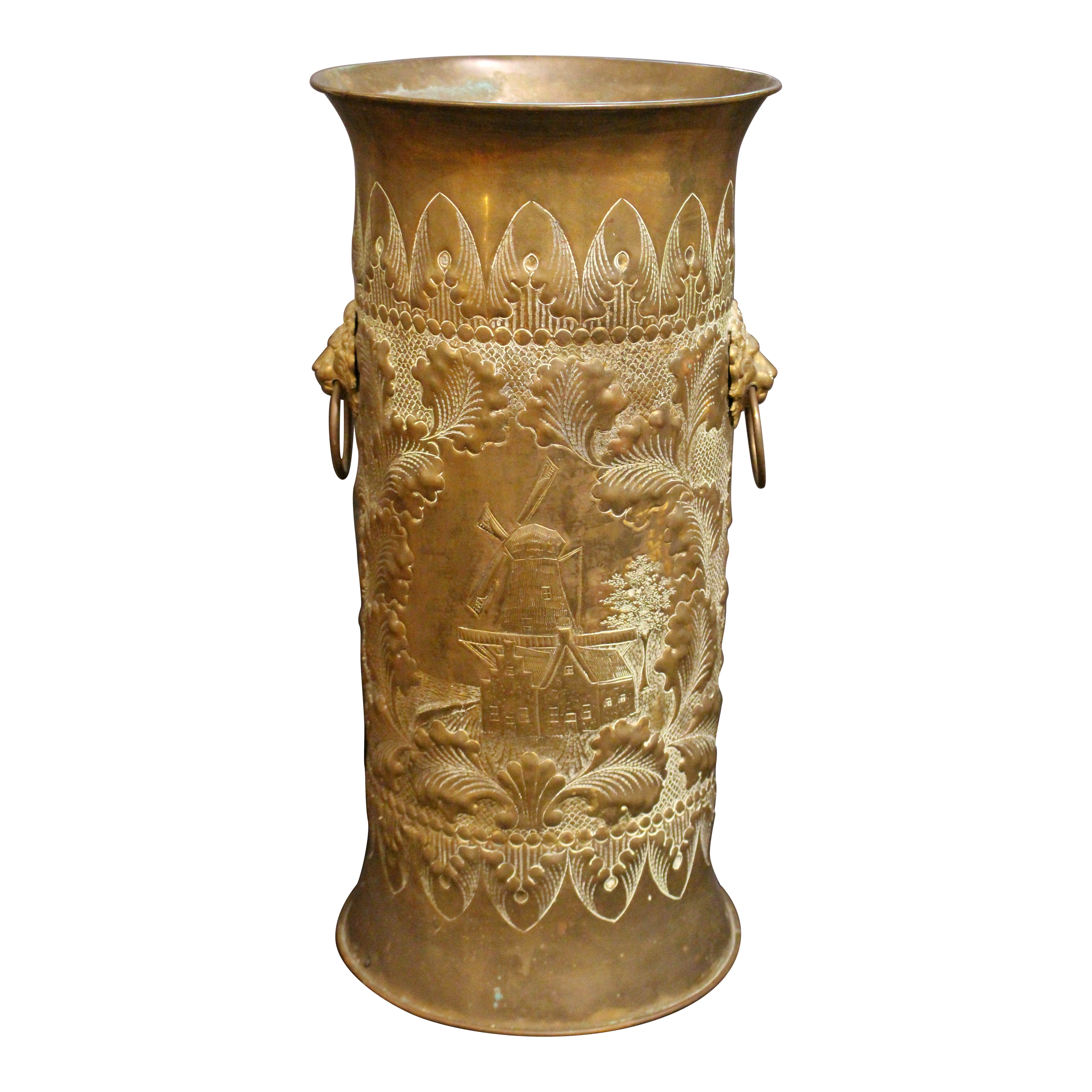 C. 1900 Dutch Brass Repousse Stick or Umbrella Stand For Sale