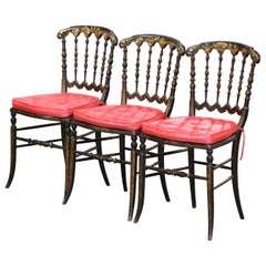 Set di 3 poltrone Napoleone III ebanizzate con sedute a canne e cineserie dorate