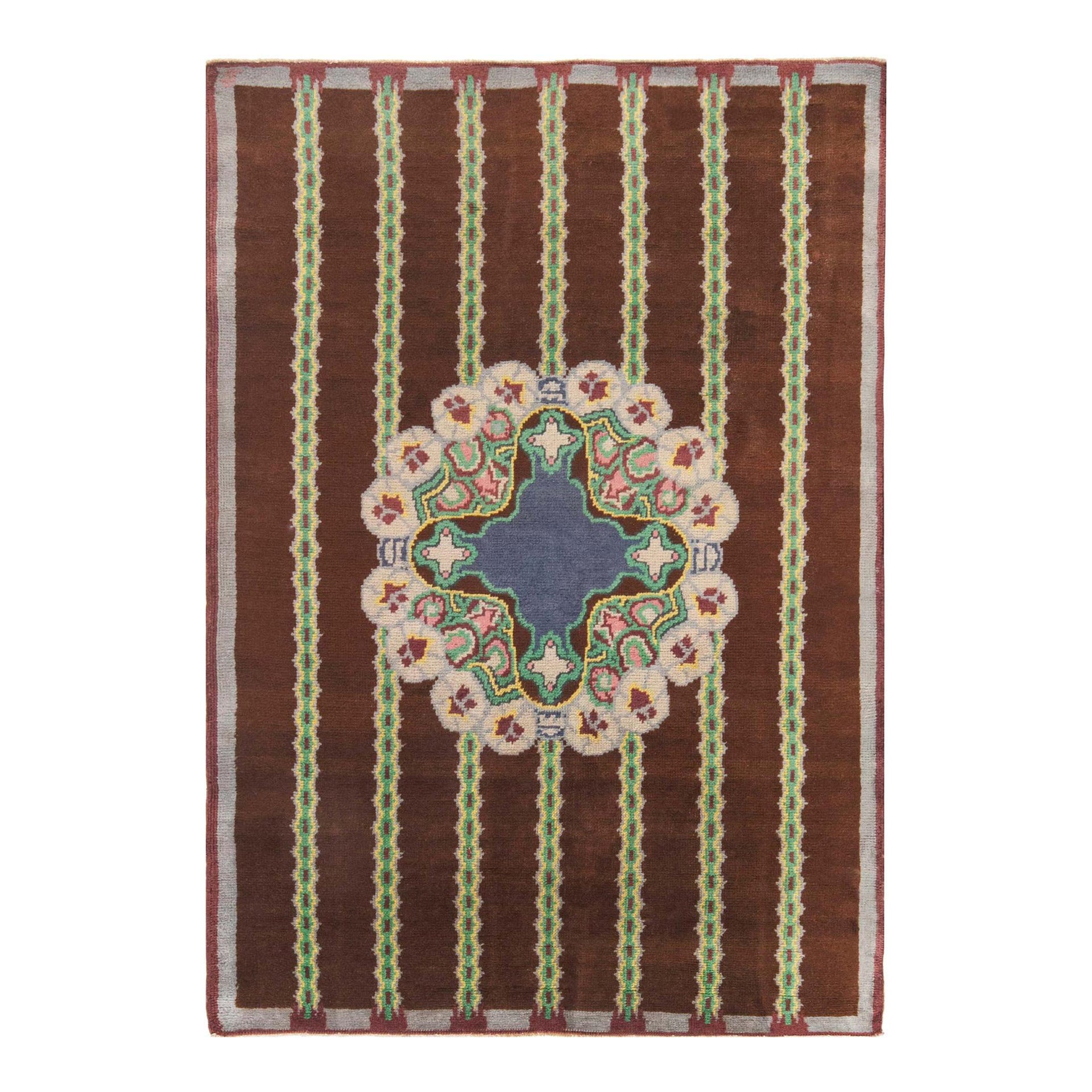 Doris Leslie Blau French Art Deco Brown, Green Handmade Wool Rug For Sale