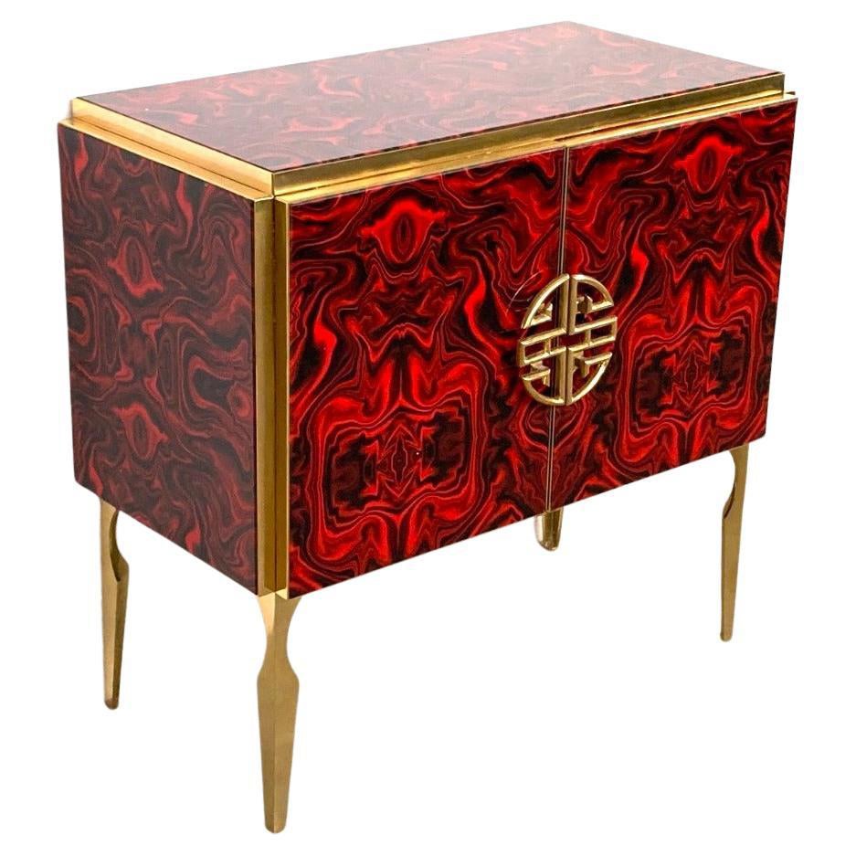 Red Fantasy Glass and Brass Midcentury Style Bar Cabinet For Sale