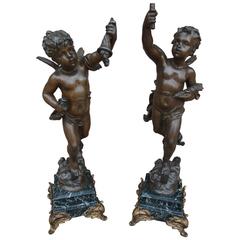 Pair of Antique French Cherub Figures Mounted to Marble Bases