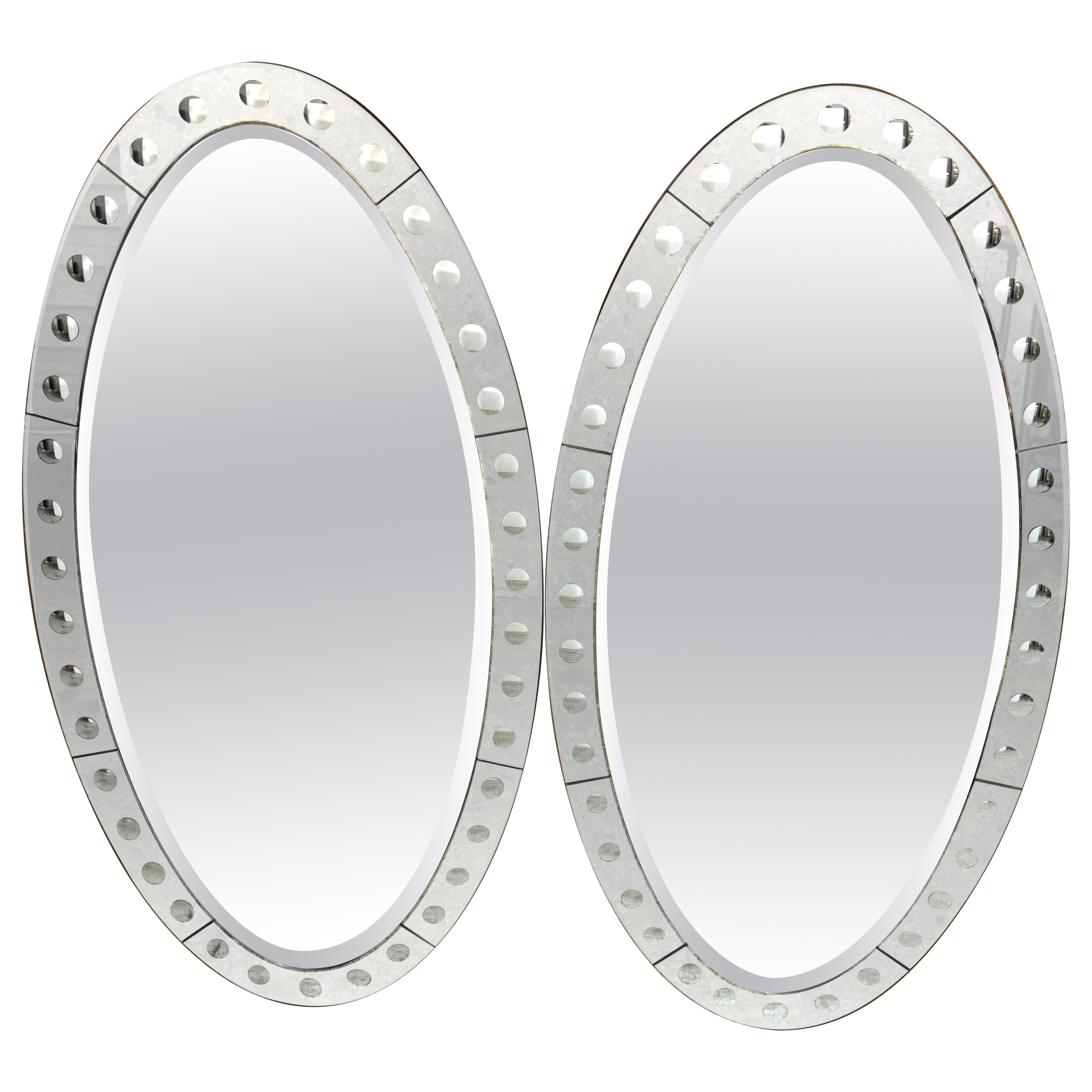 Pair Jonathan Adler Venetian Style Optic Convex Etched and Beveled Oval Mirrors* For Sale