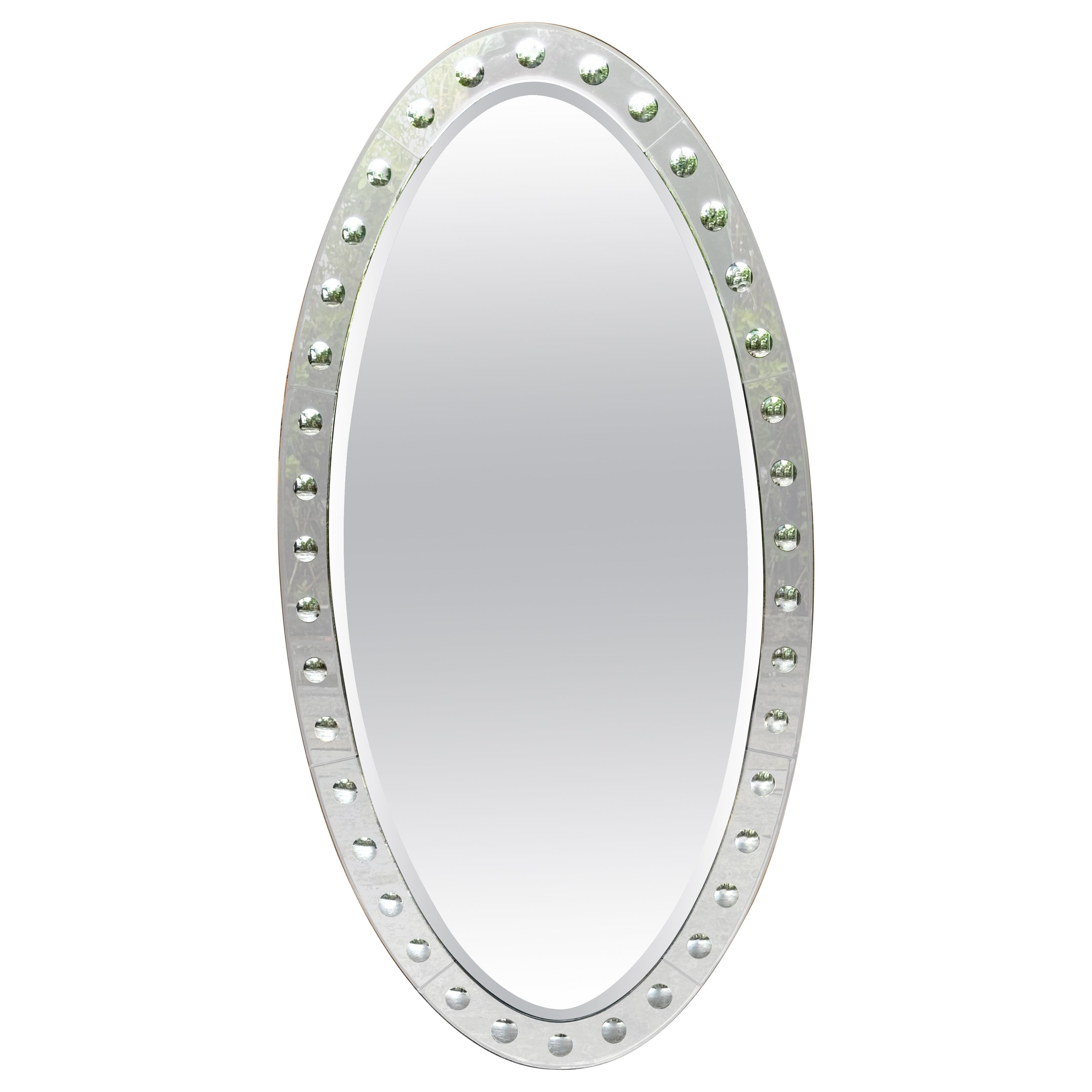 A Jonathan Adler Venetian Style Optic Convex Etched and Beveled Oval Mirror