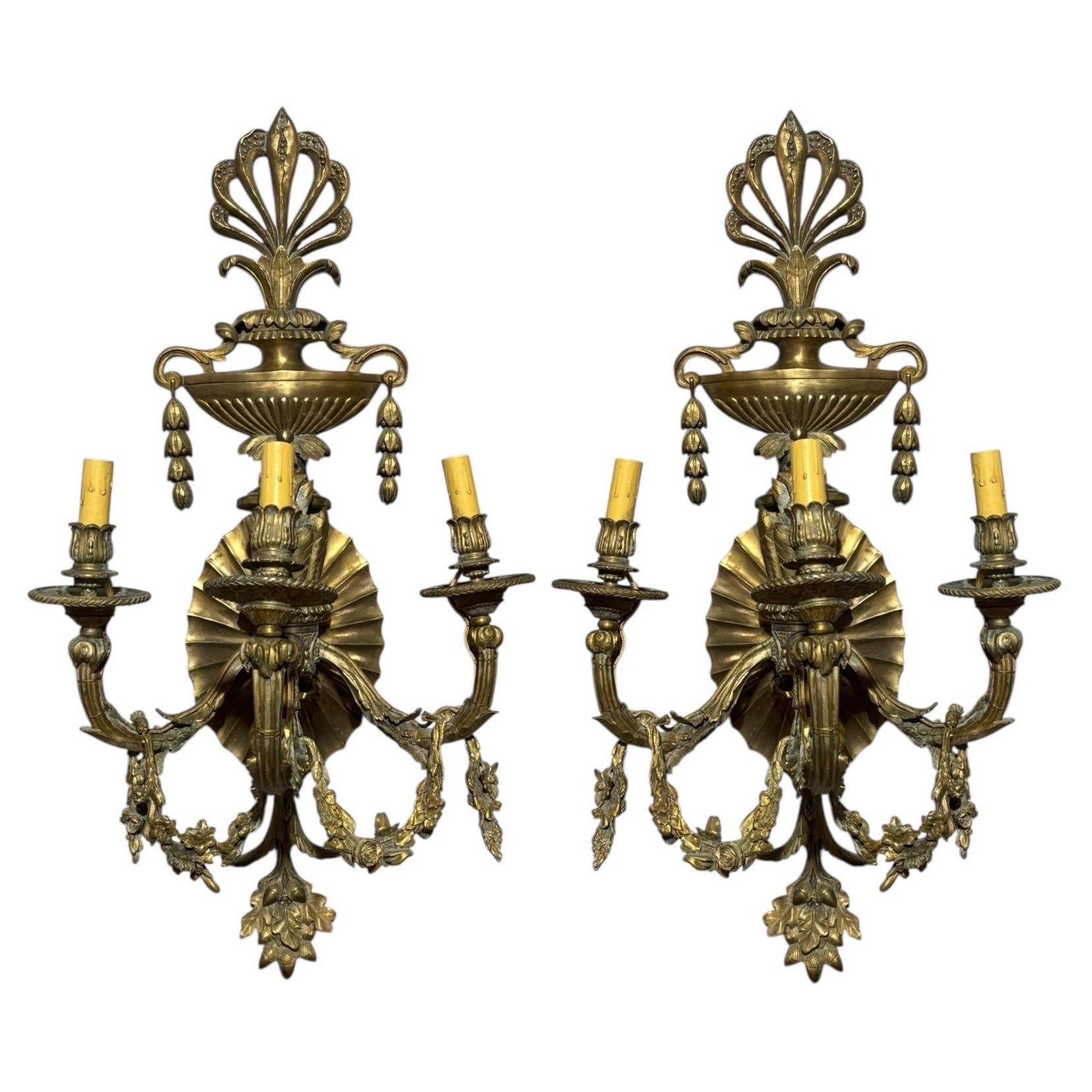 19thC Signed Barbedienne Three Arm Sconces, a Pair For Sale